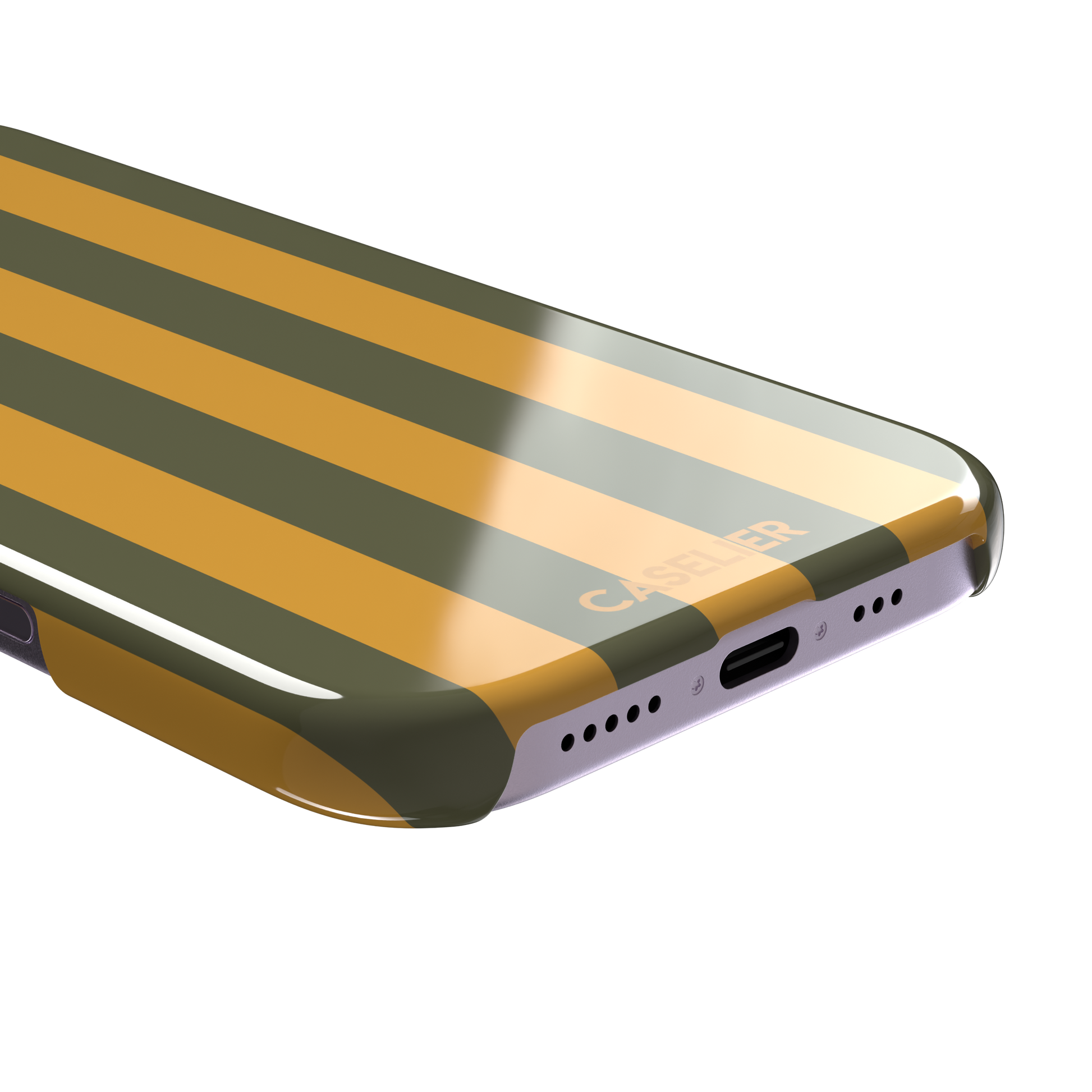 Bold Stripes phone case in olive green and amber orange vertical stripes, phone case by Caselier — snap case, charging port detail