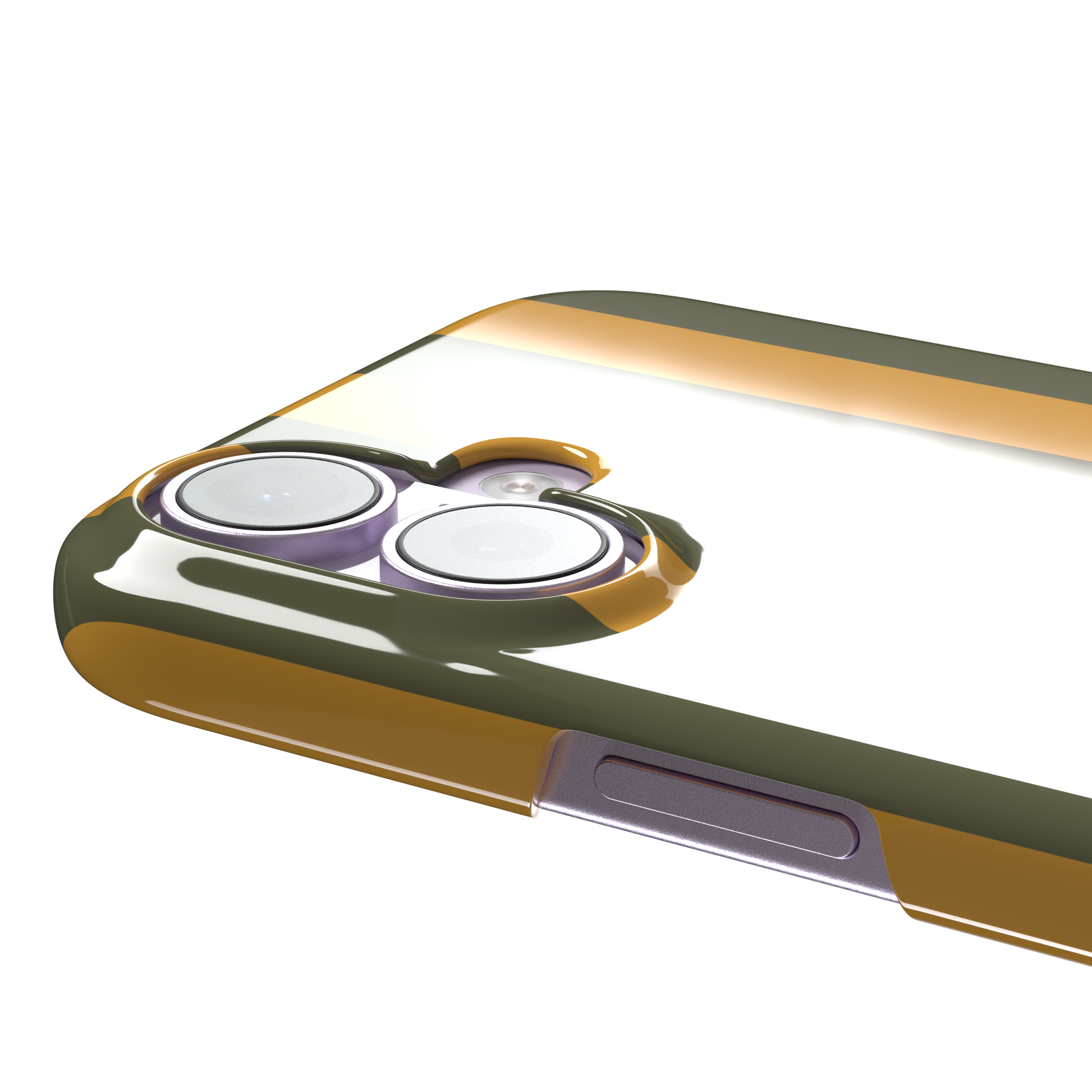 Bold Stripes phone case in olive green and amber orange vertical stripes, phone case by Caselier — snap case, volume buttons detail