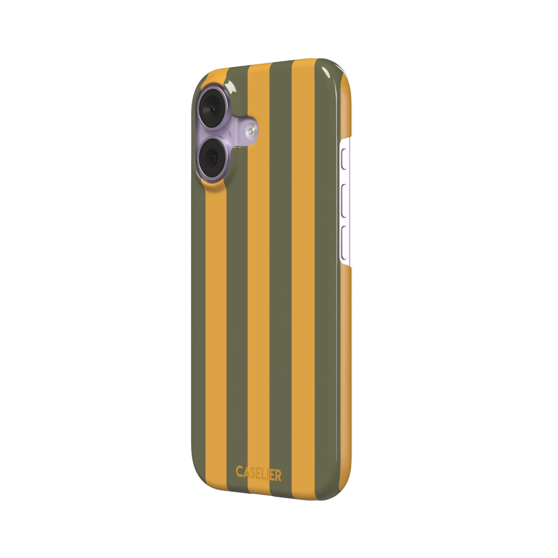 Bold Stripes phone case in olive green and amber orange vertical stripes, phone case by Caselier — snap case, right view
