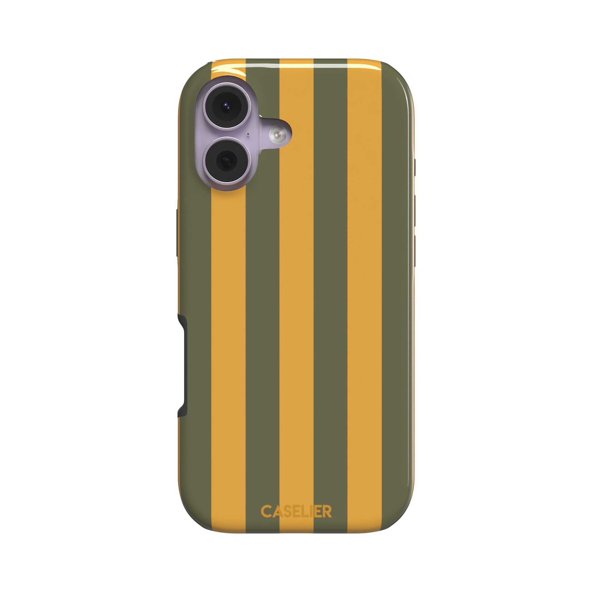 Bold Stripes phone case in olive green and amber orange vertical stripes, phone case by Caselier — tough case, front view