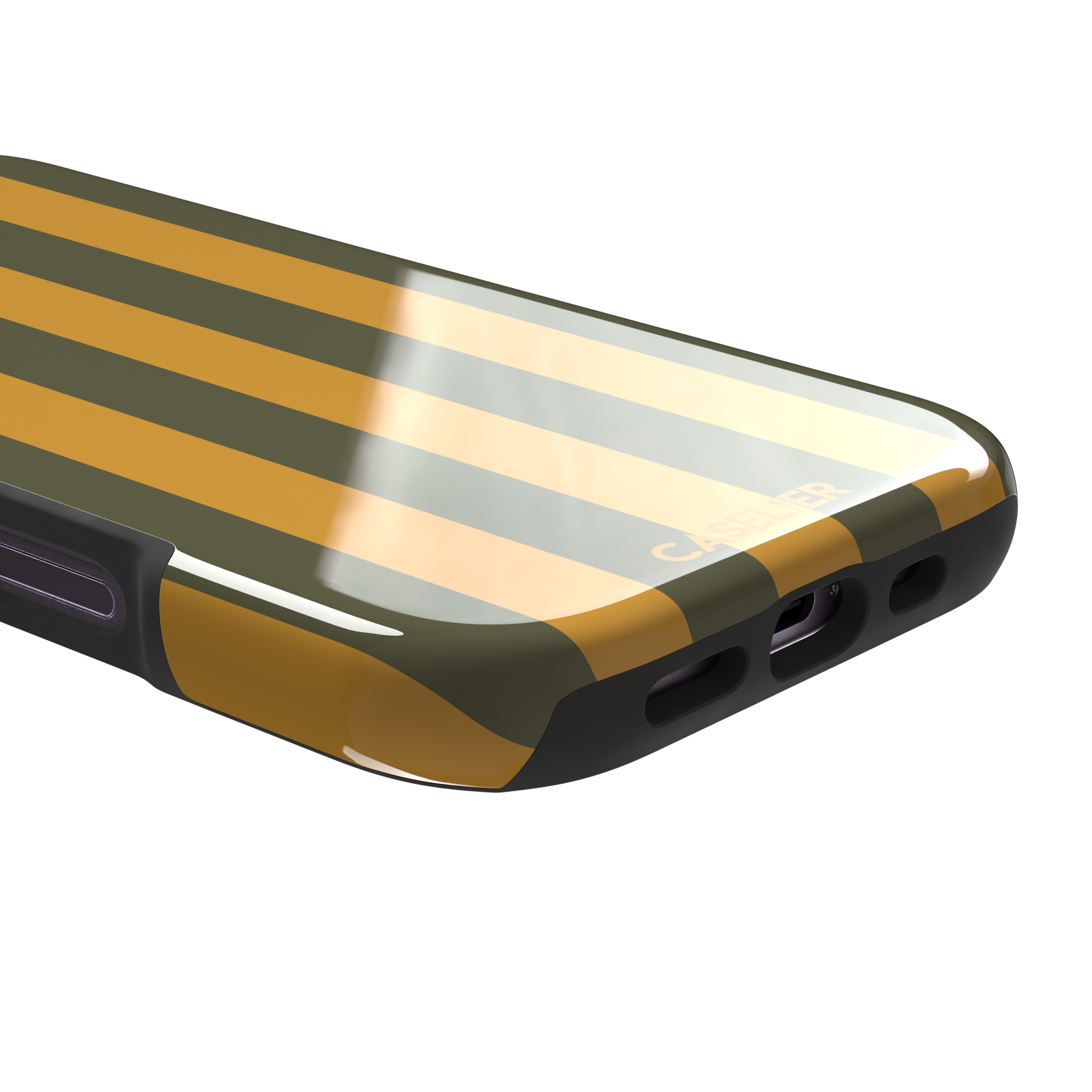 Bold Stripes phone case in olive green and amber orange vertical stripes, phone case by Caselier — tough case, charging port detail