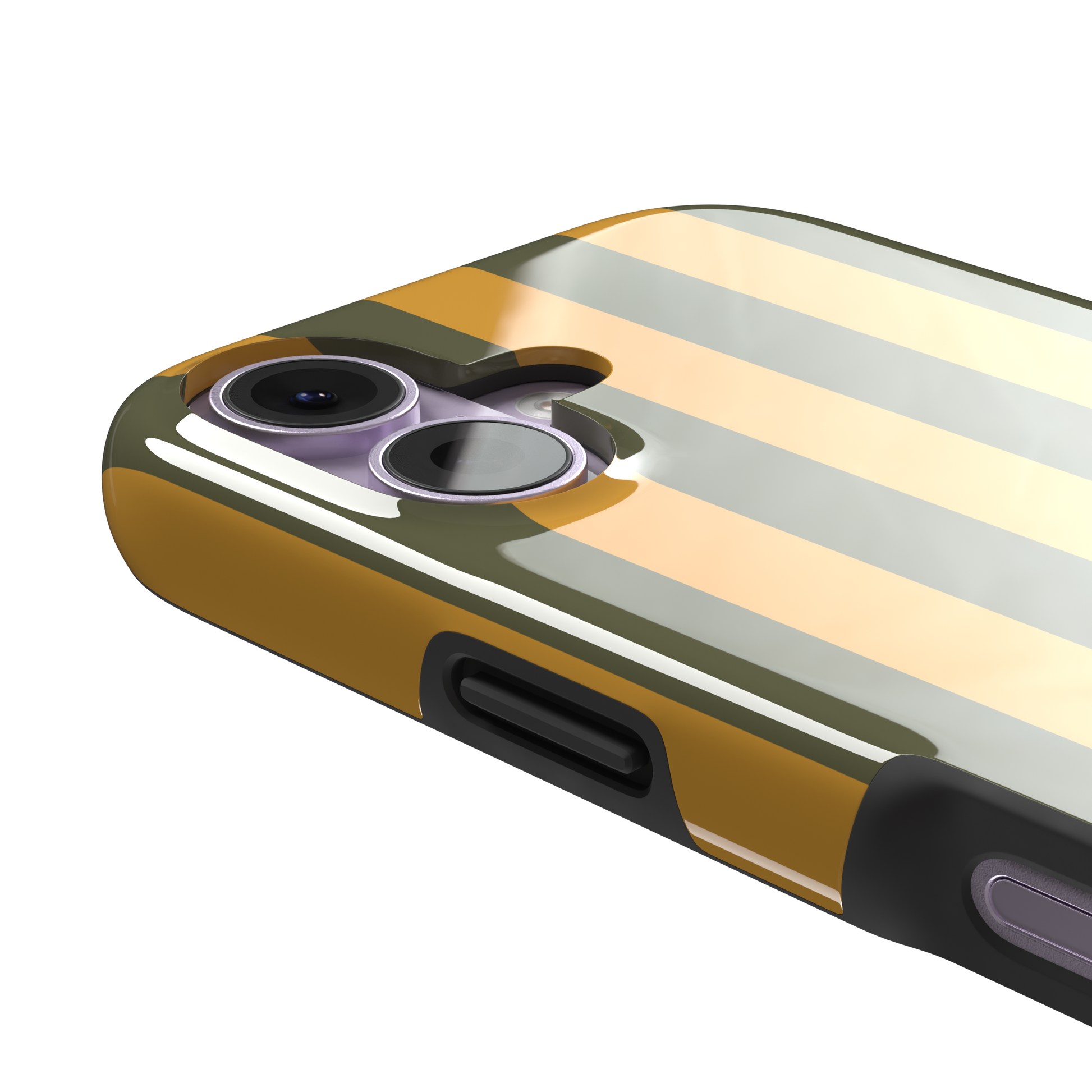 Bold Stripes phone case in olive green and amber orange vertical stripes, phone case by Caselier — tough case, volume buttons detail