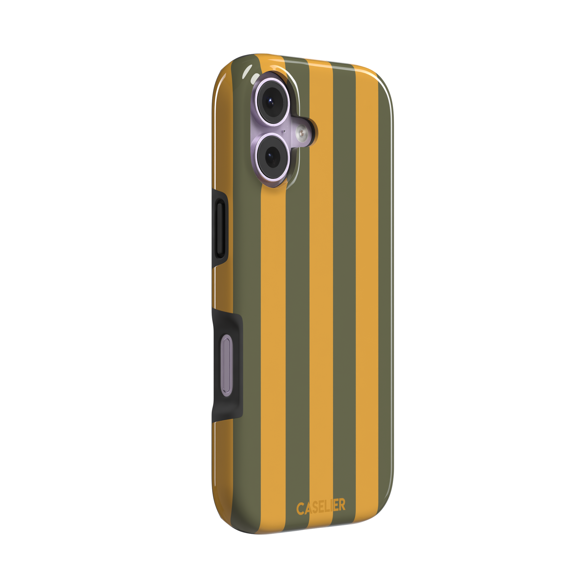 Bold Stripes phone case in olive green and amber orange vertical stripes, phone case by Caselier — tough case, left view