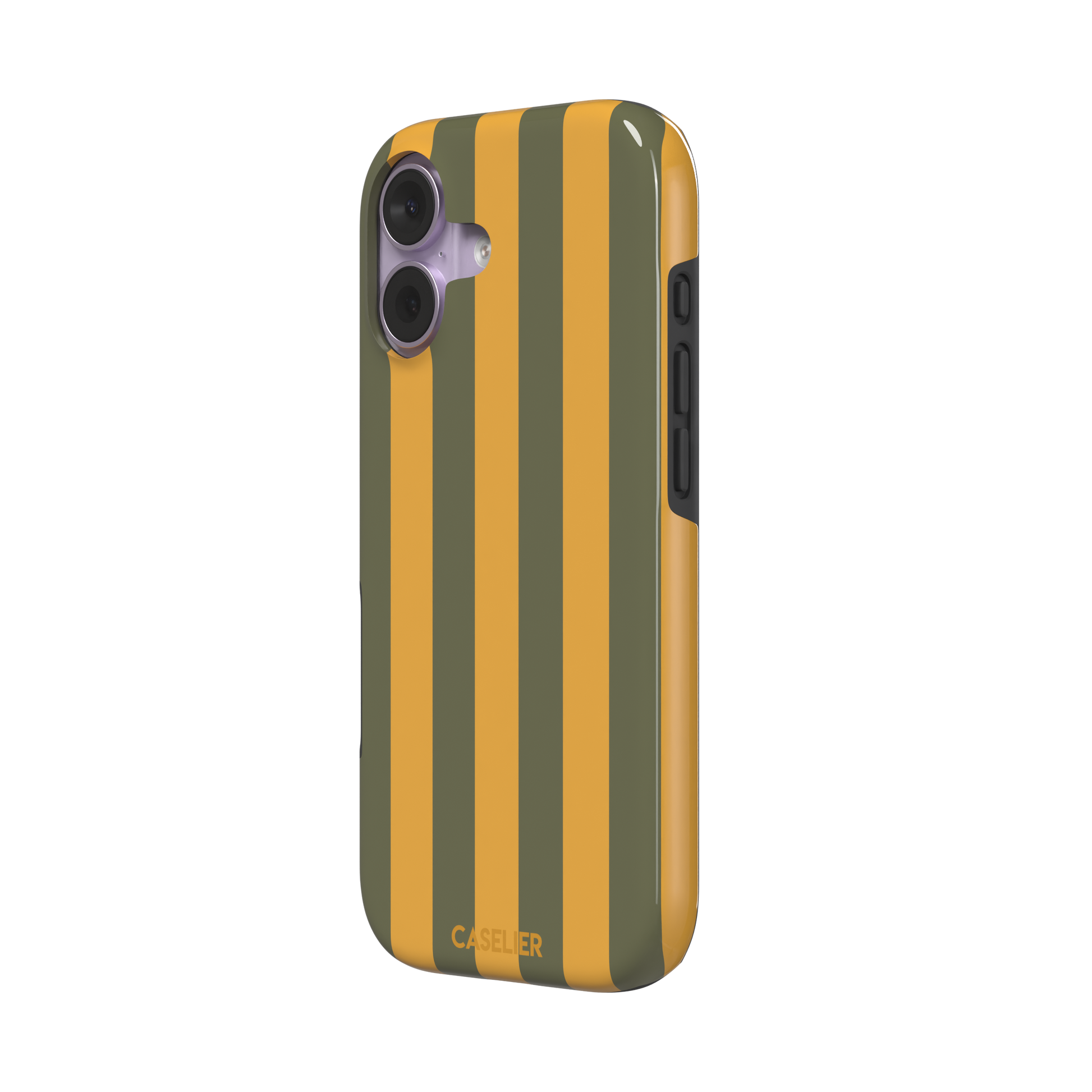 Bold Stripes phone case in olive green and amber orange vertical stripes, phone case by Caselier — tough case, right view
