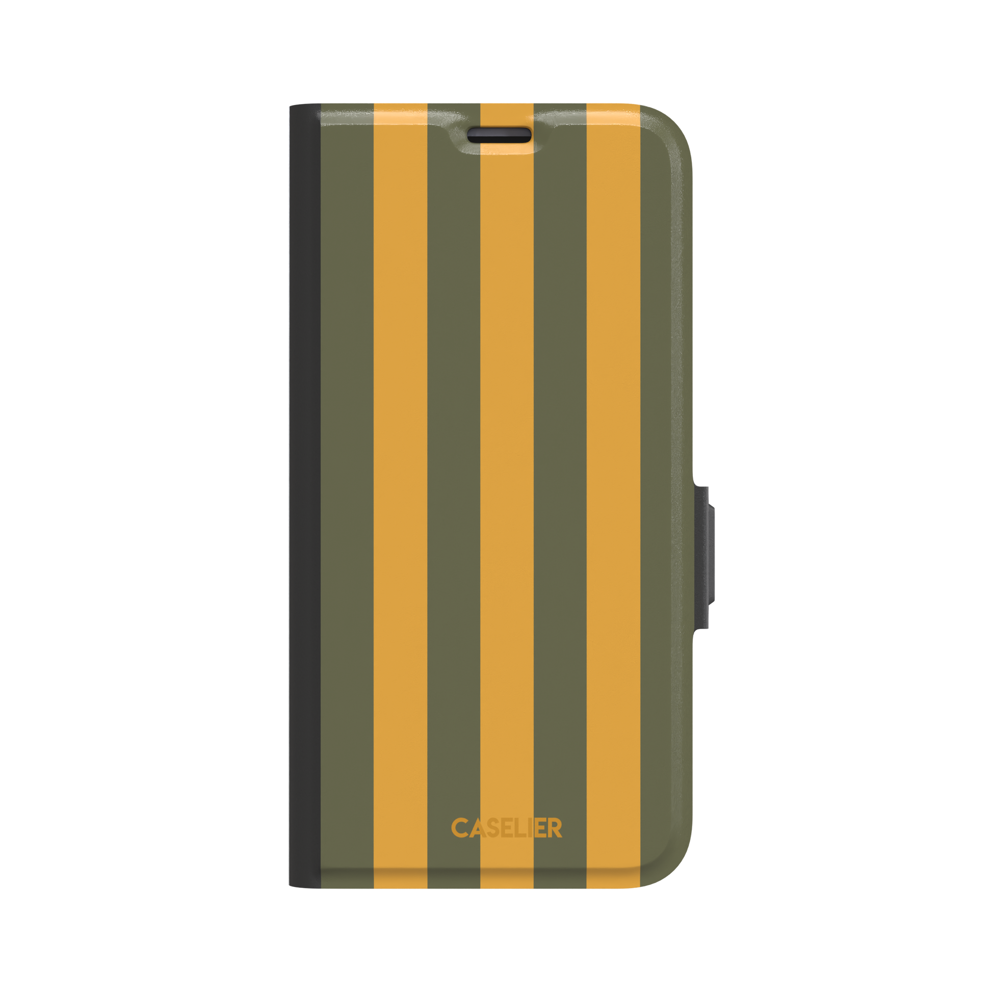 Bold Stripes phone case in olive green and amber orange vertical stripes, phone case by Caselier — wallet case, front view