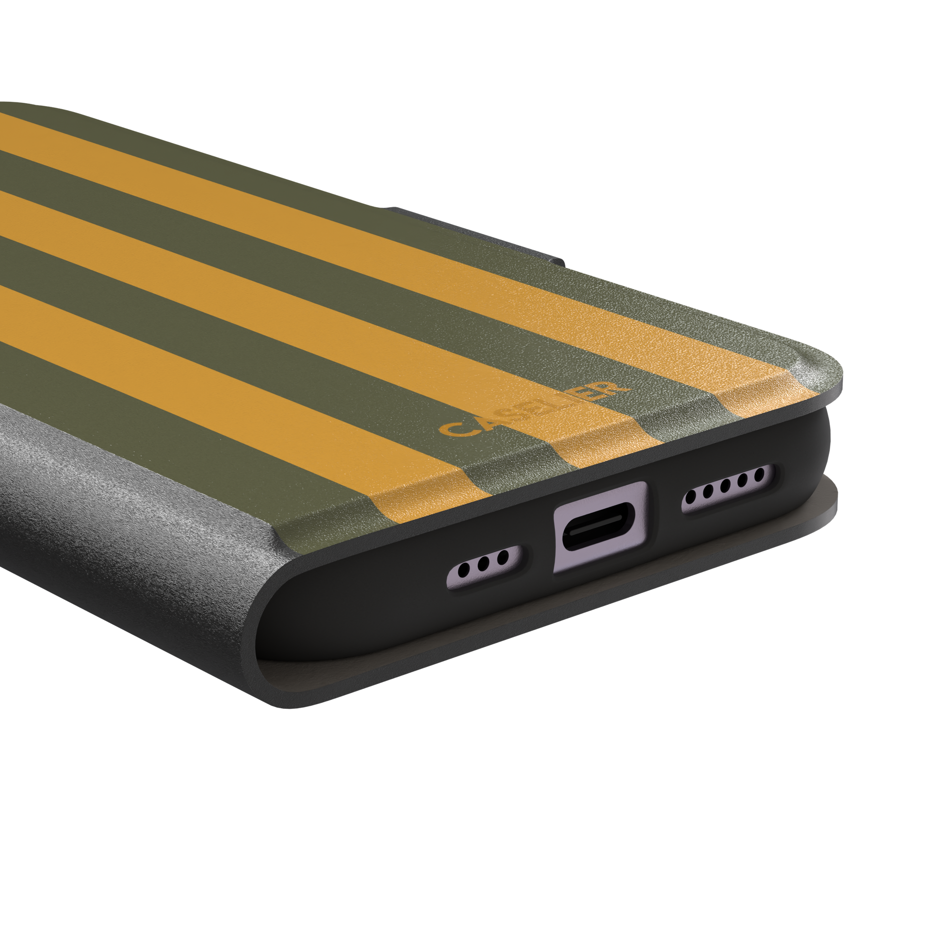 Bold Stripes phone case in olive green and amber orange vertical stripes, phone case by Caselier — wallet case, charging port detail