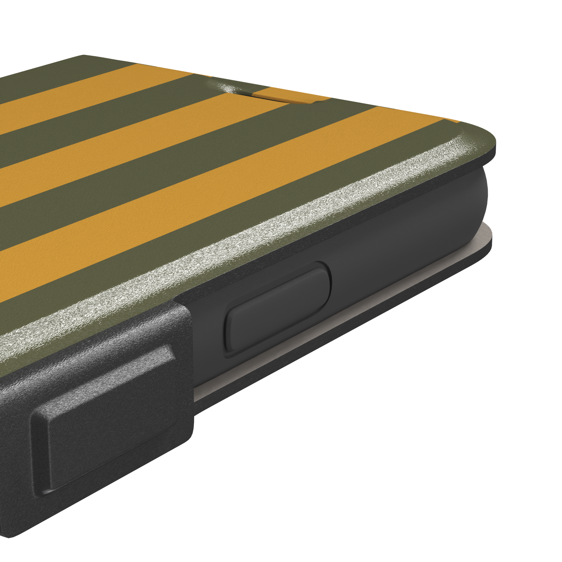 Bold Stripes phone case in olive green and amber orange vertical stripes, phone case by Caselier — wallet case, volume buttons detail