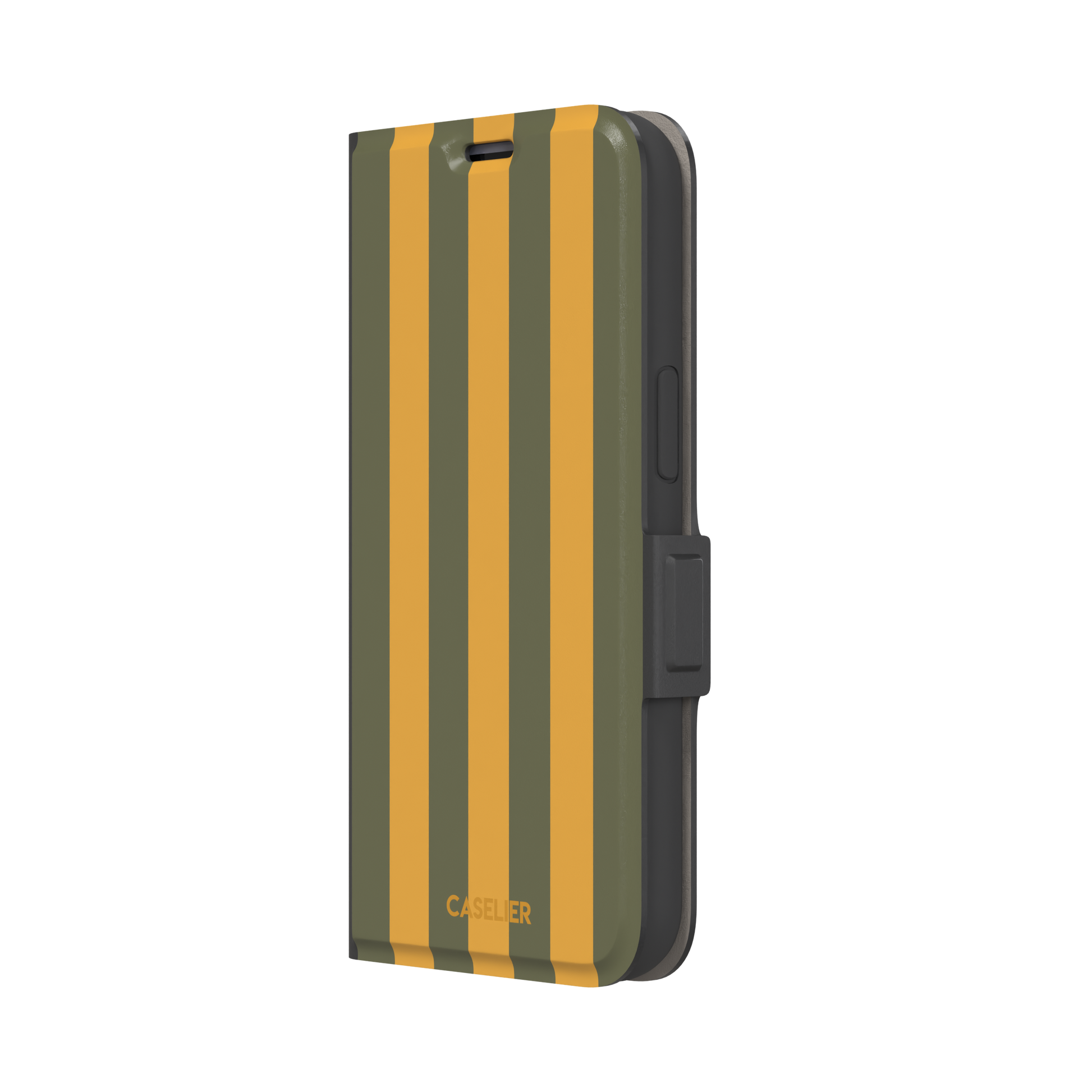 Bold Stripes phone case in olive green and amber orange vertical stripes, phone case by Caselier — wallet case, right view