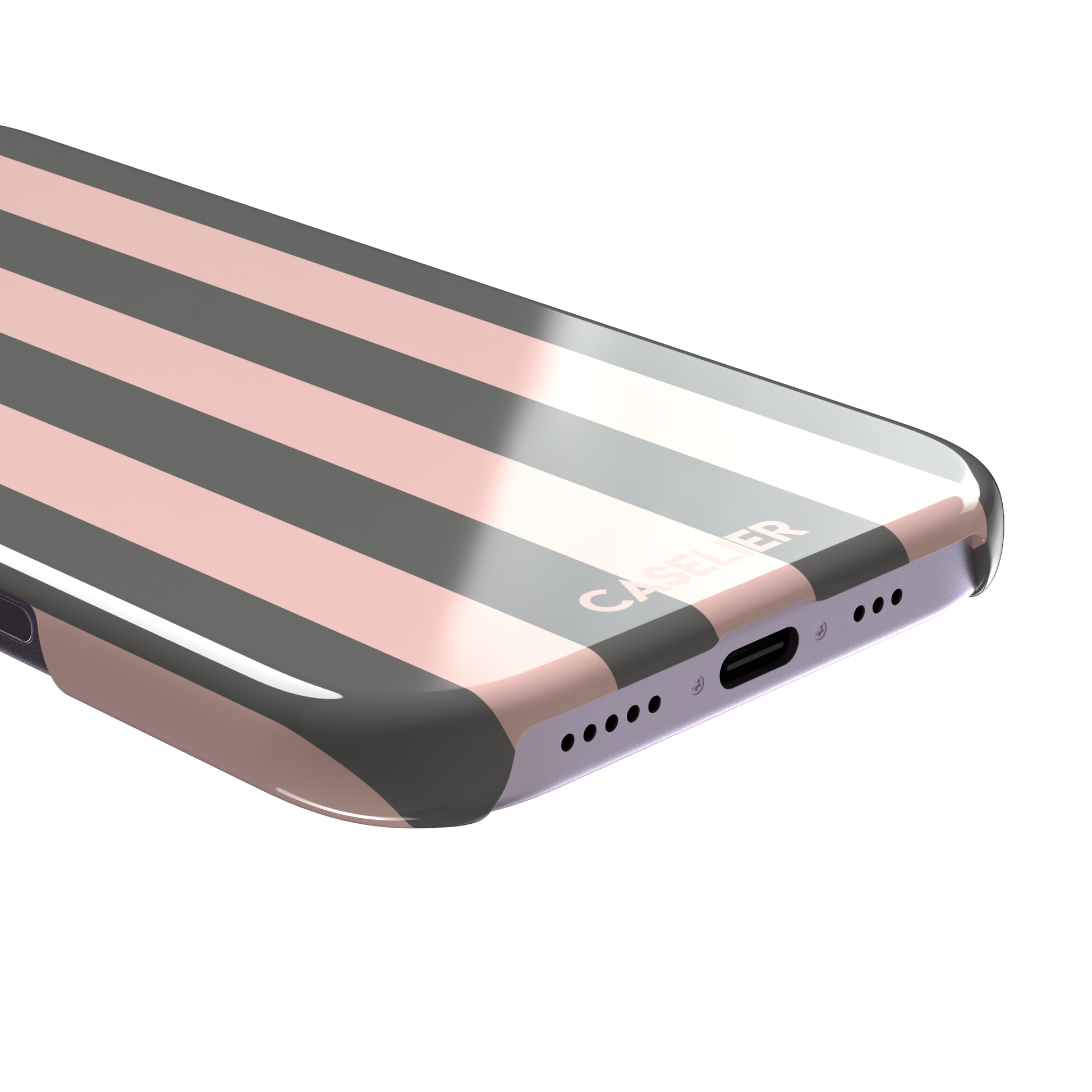 Bold Stripes phone case in charcoal grey and blush pink vertical stripes, phone case by Caselier — snap case, charging port detail