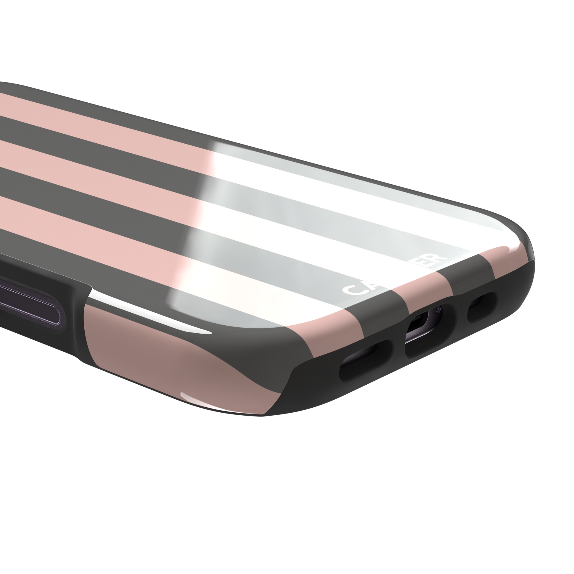 Bold Stripes phone case in charcoal grey and blush pink vertical stripes, phone case by Caselier — tough case, charging port detail