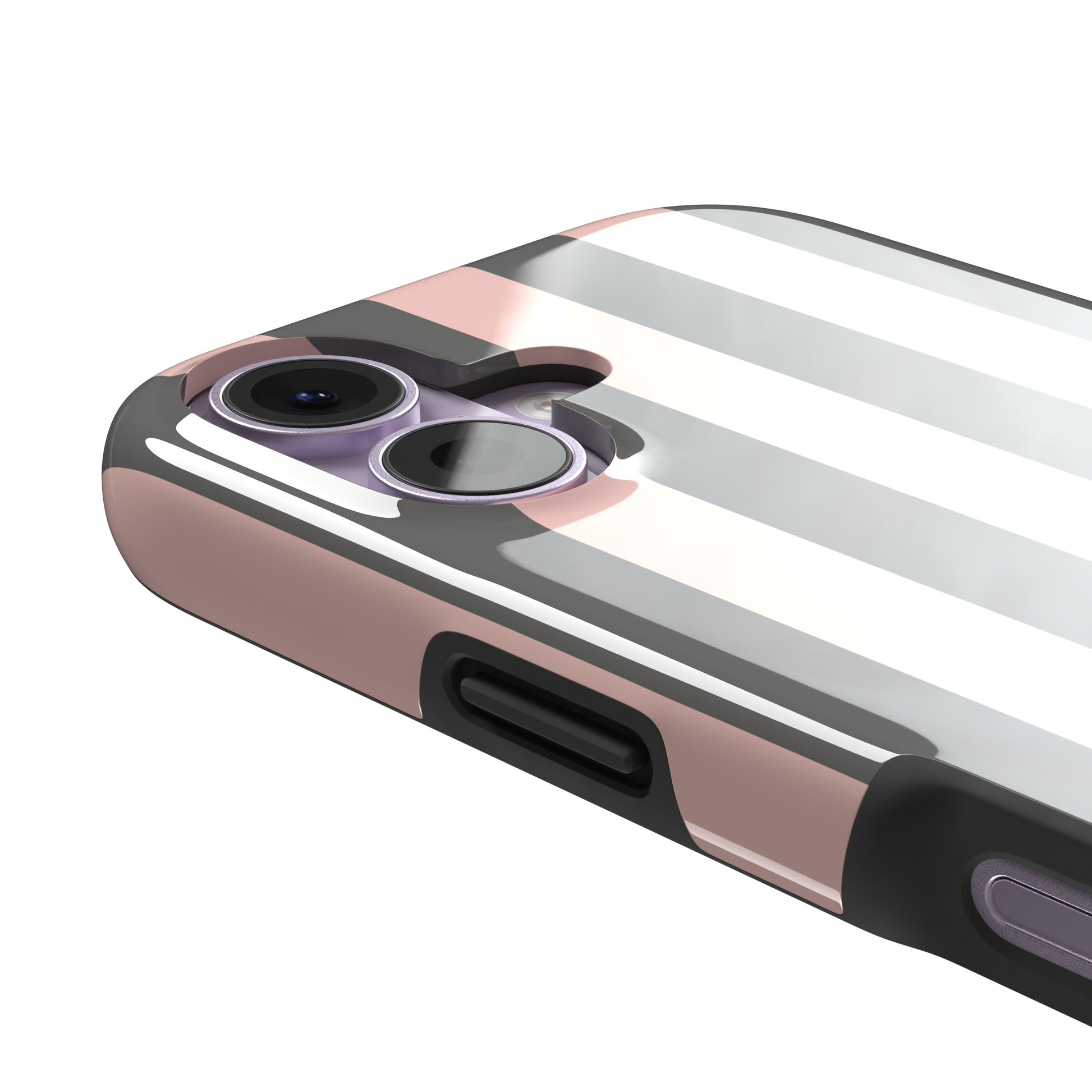 Bold Stripes phone case in charcoal grey and blush pink vertical stripes, phone case by Caselier — tough case, volume buttons detail