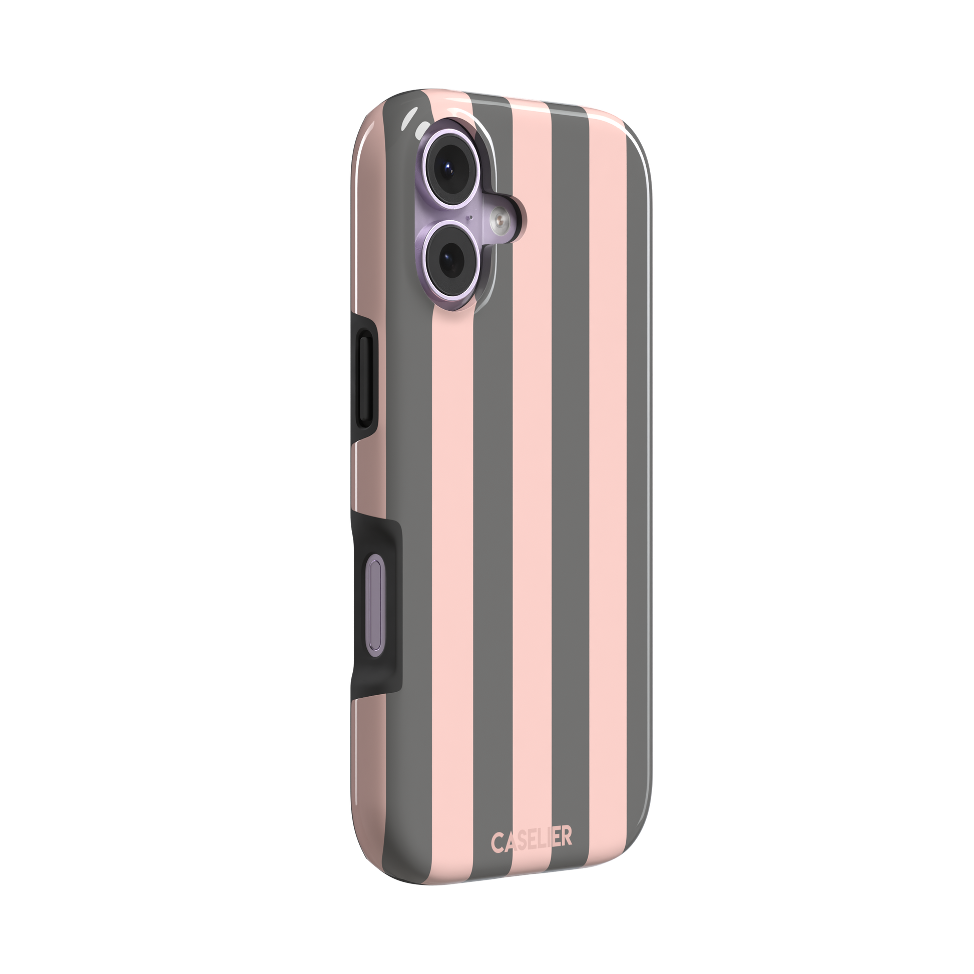 Bold Stripes phone case in charcoal grey and blush pink vertical stripes, phone case by Caselier — tough case, left view