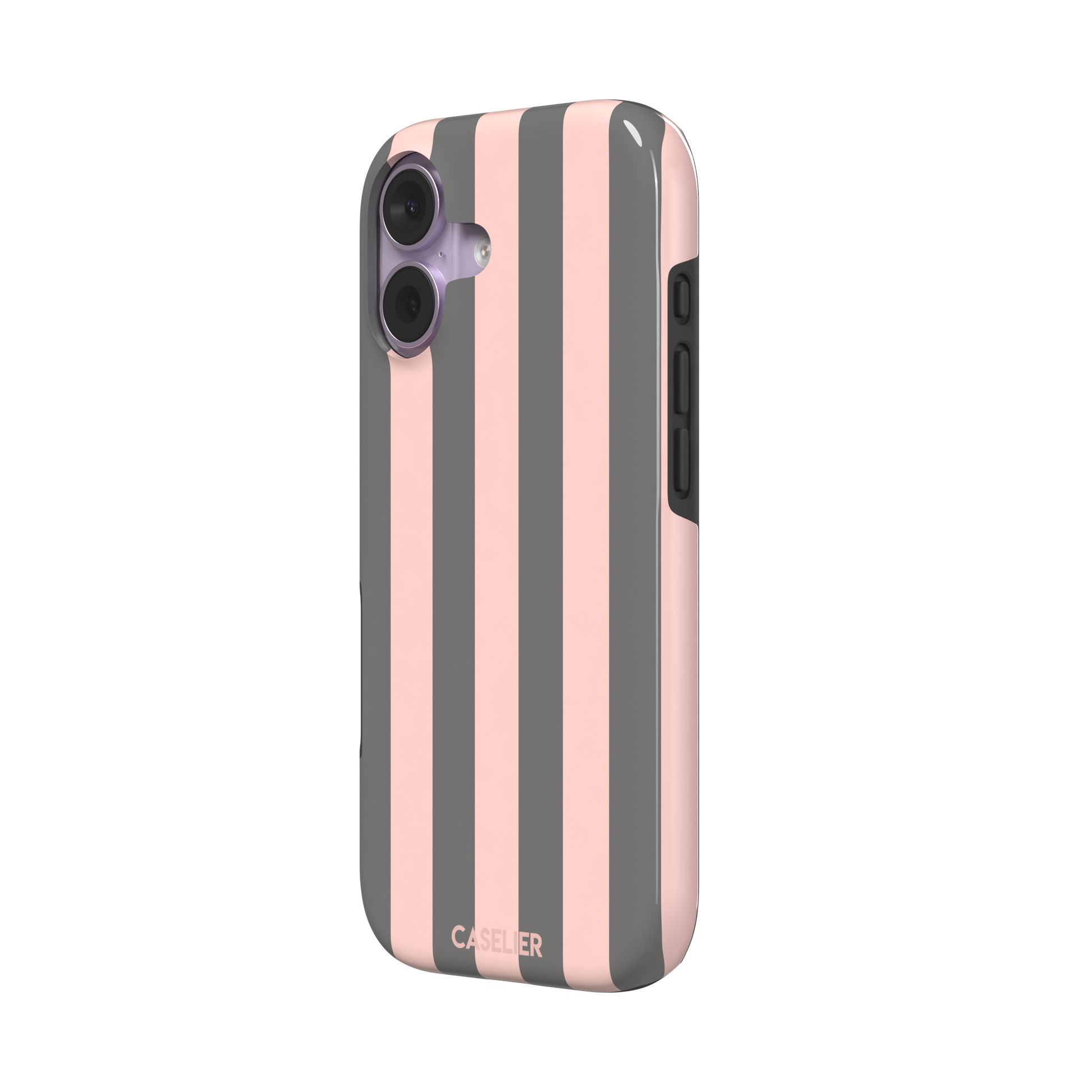 Bold Stripes phone case in charcoal grey and blush pink vertical stripes, phone case by Caselier — tough case, right view