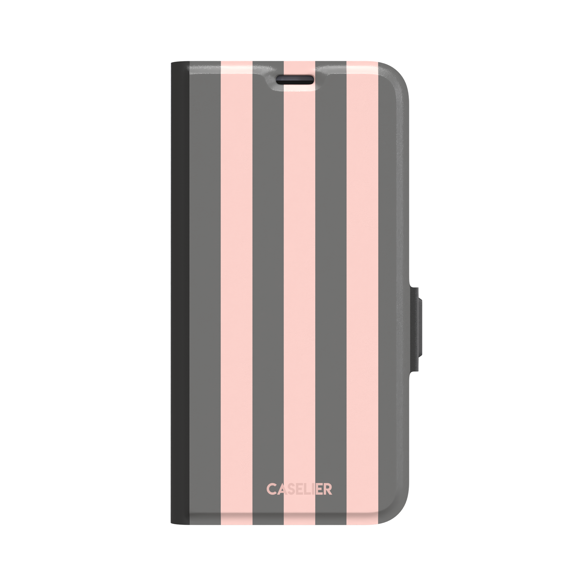 Bold Stripes phone case in charcoal grey and blush pink vertical stripes, phone case by Caselier — wallet case, front view