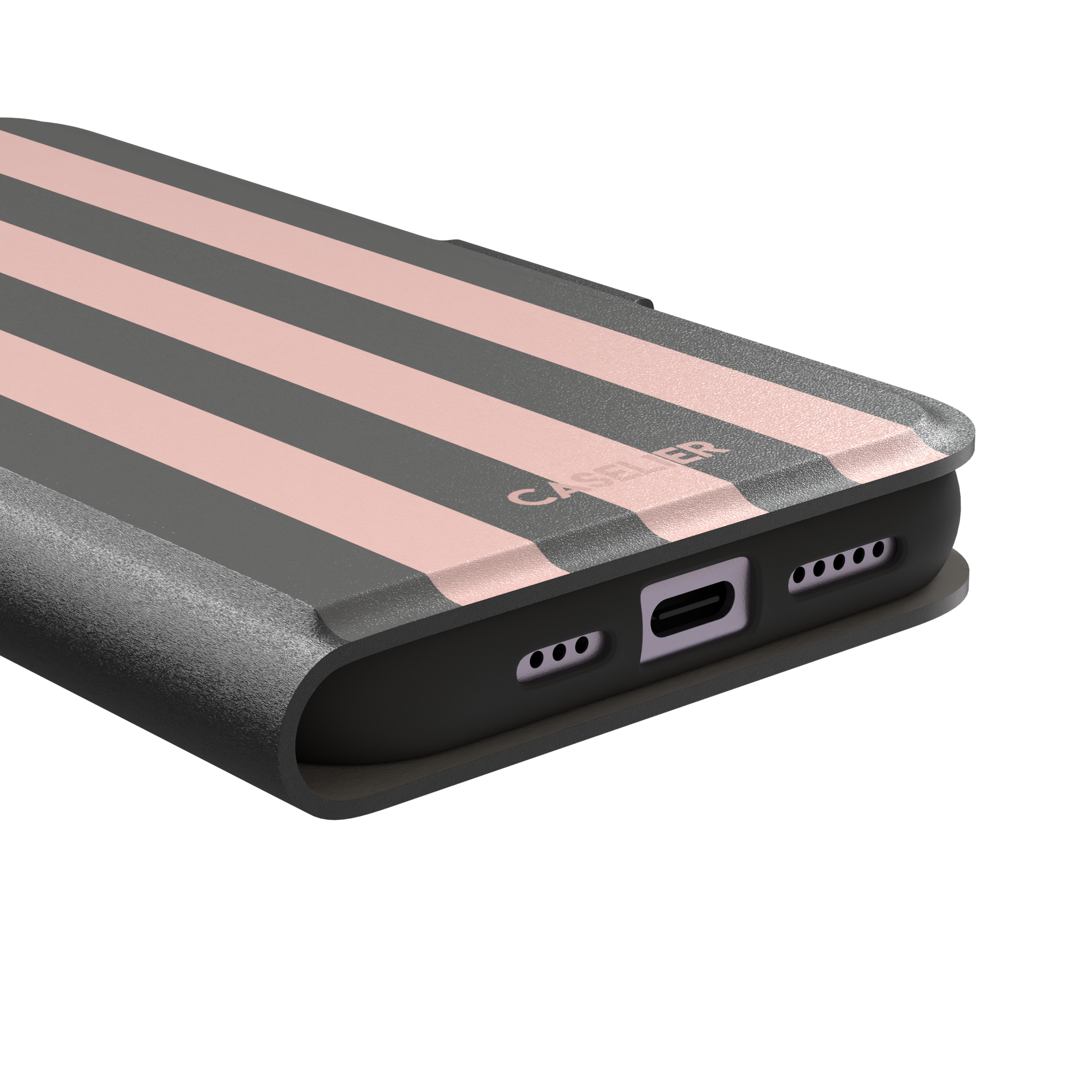 Bold Stripes phone case in charcoal grey and blush pink vertical stripes, phone case by Caselier — wallet case, charging port detail