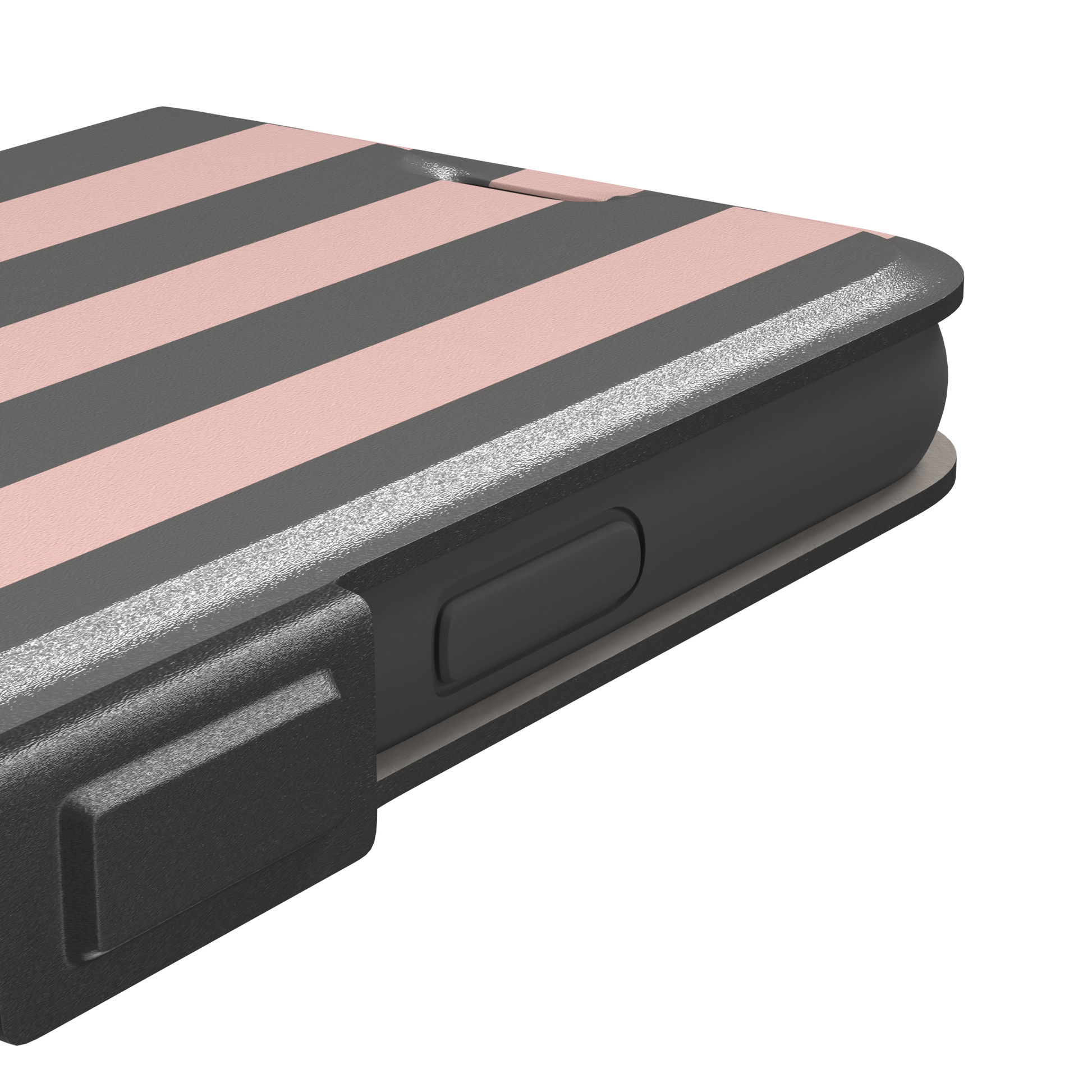 Bold Stripes phone case in charcoal grey and blush pink vertical stripes, phone case by Caselier — wallet case, volume buttons detail