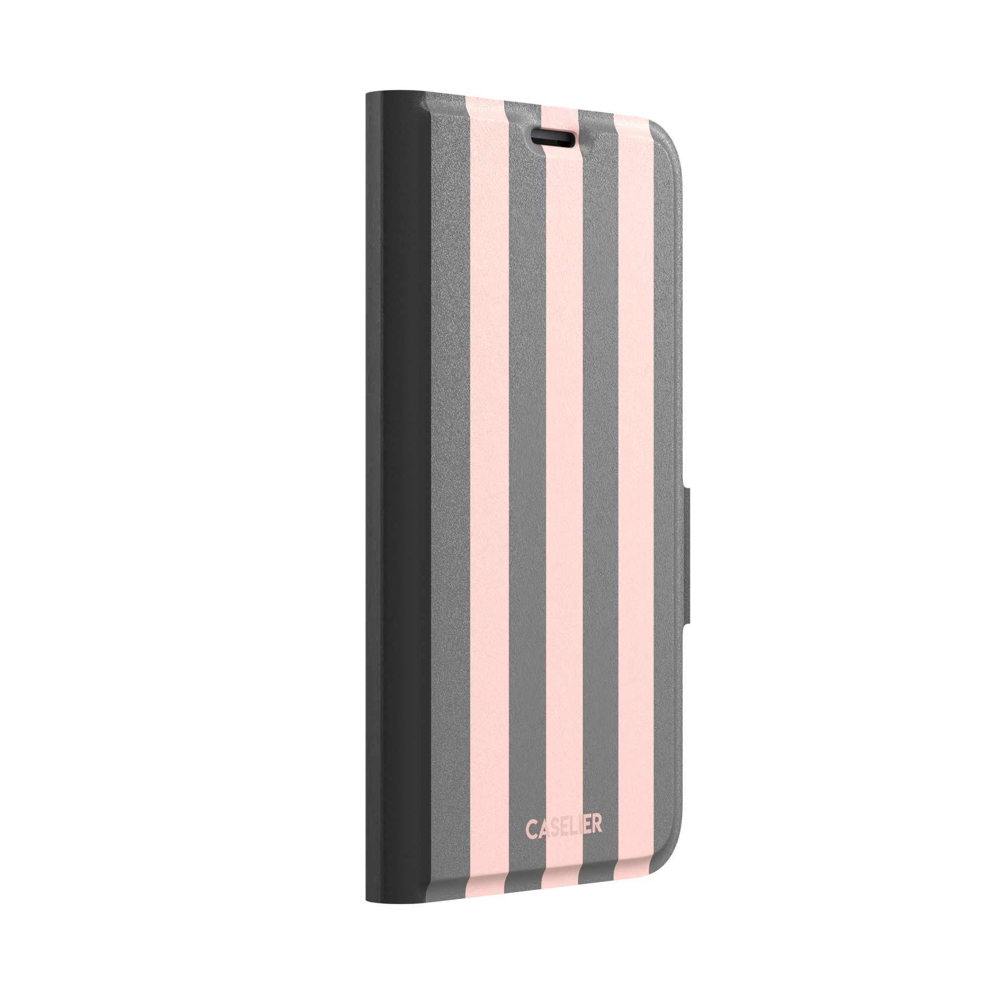 Bold Stripes phone case in charcoal grey and blush pink vertical stripes, phone case by Caselier — wallet case, left view