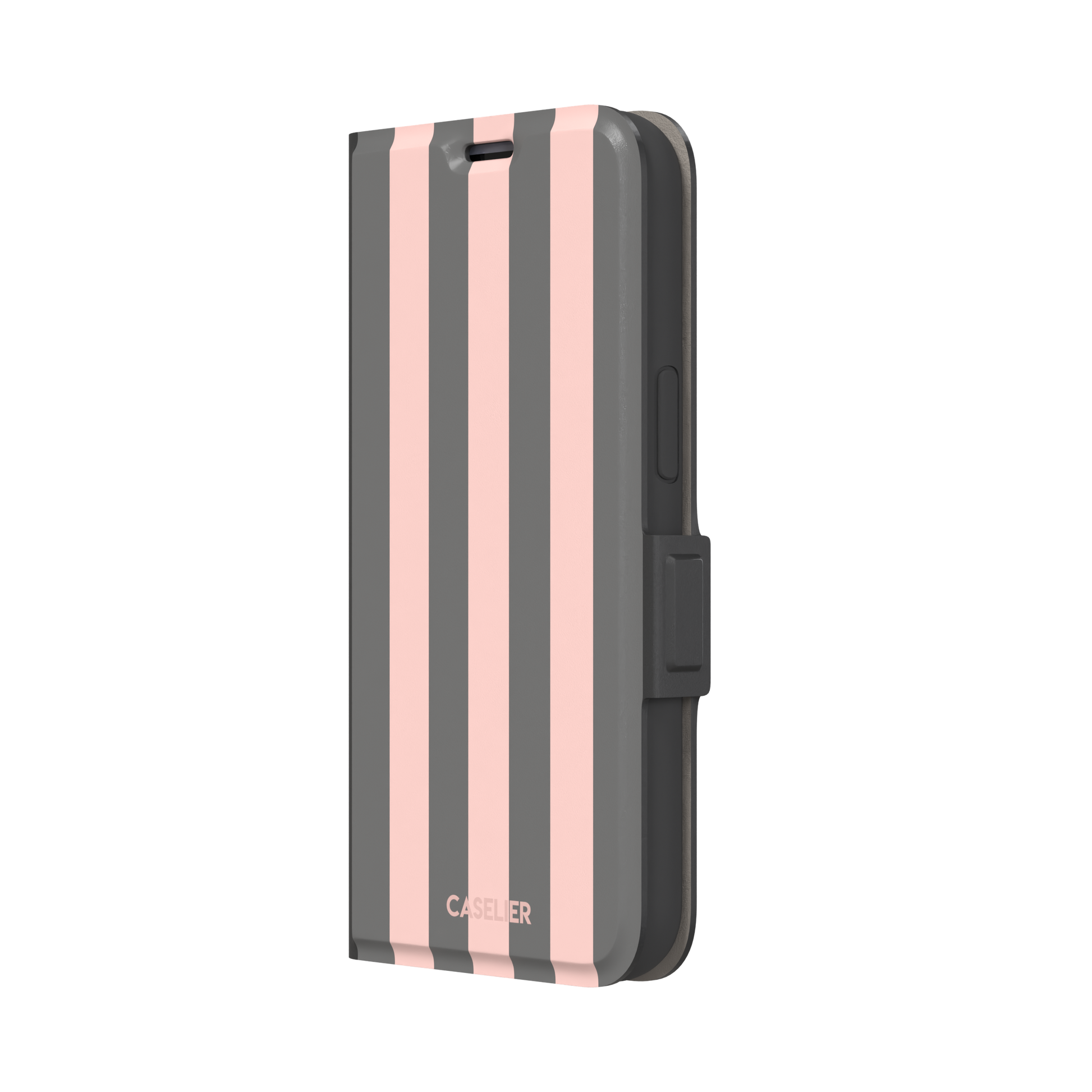 Bold Stripes phone case in charcoal grey and blush pink vertical stripes, phone case by Caselier — wallet case, right view