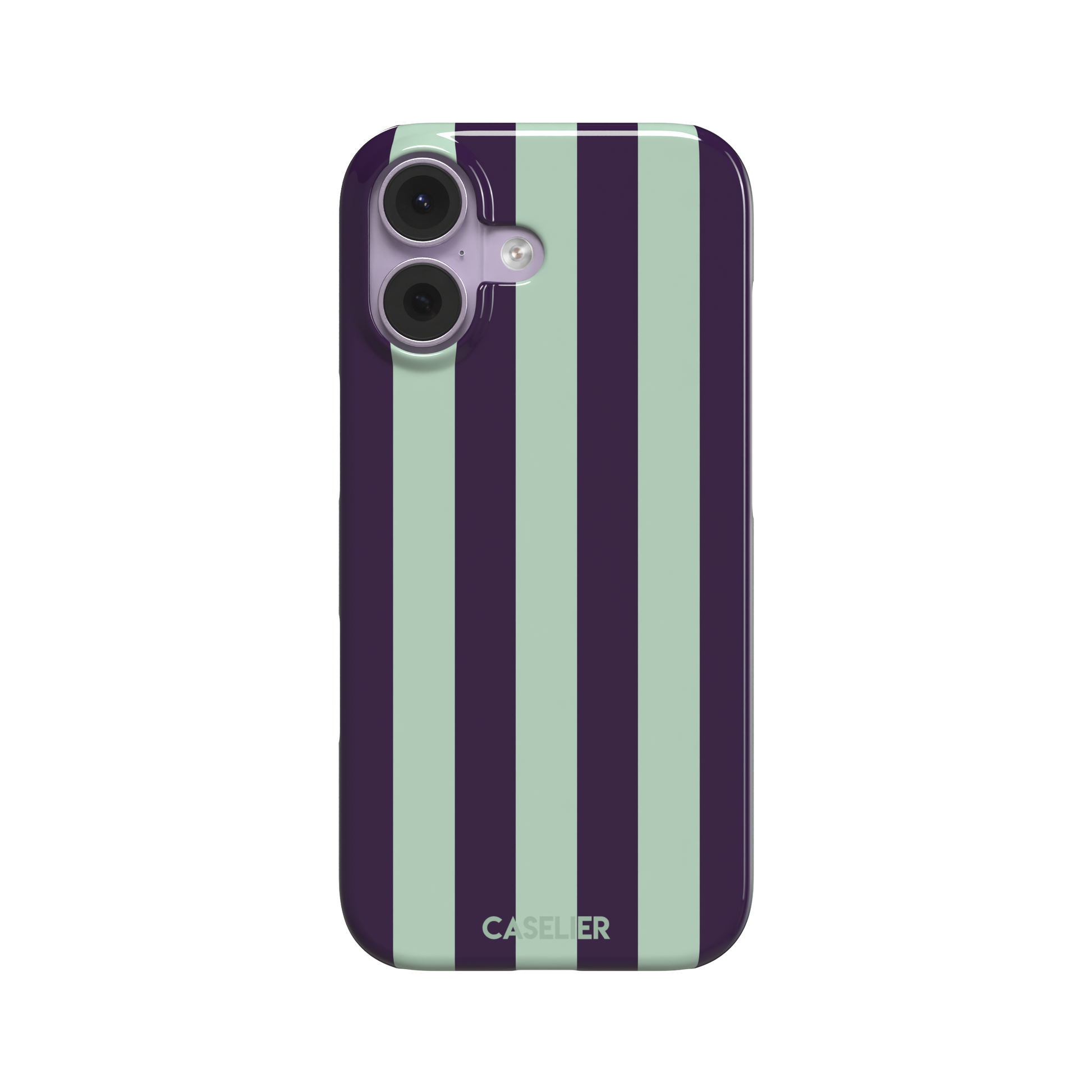 Bold Stripes phone case in deep purple and soft mint vertical stripes, phone case by Caselier — snap case, front view
