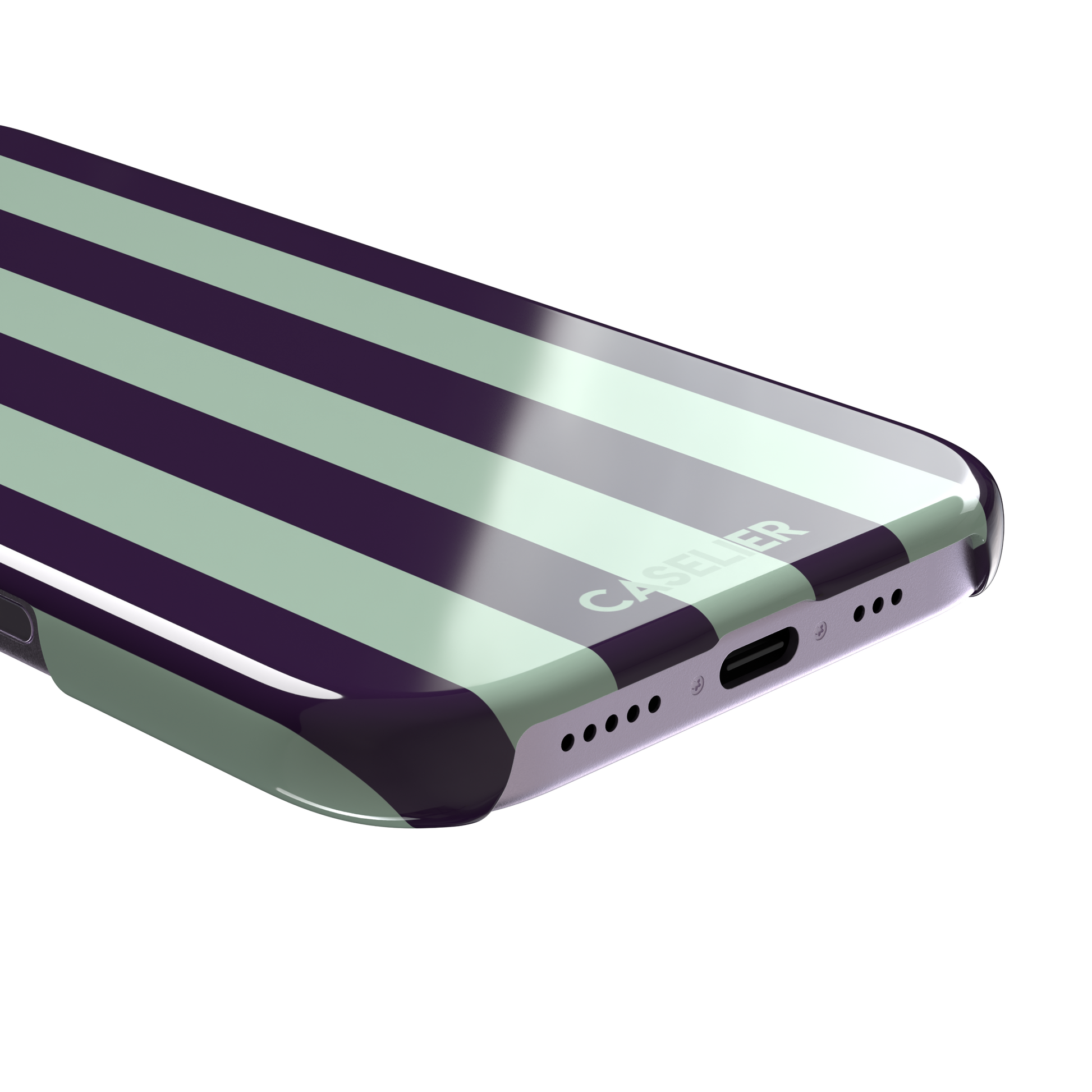 Bold Stripes phone case in deep purple and soft mint vertical stripes, phone case by Caselier — snap case, charging port detail