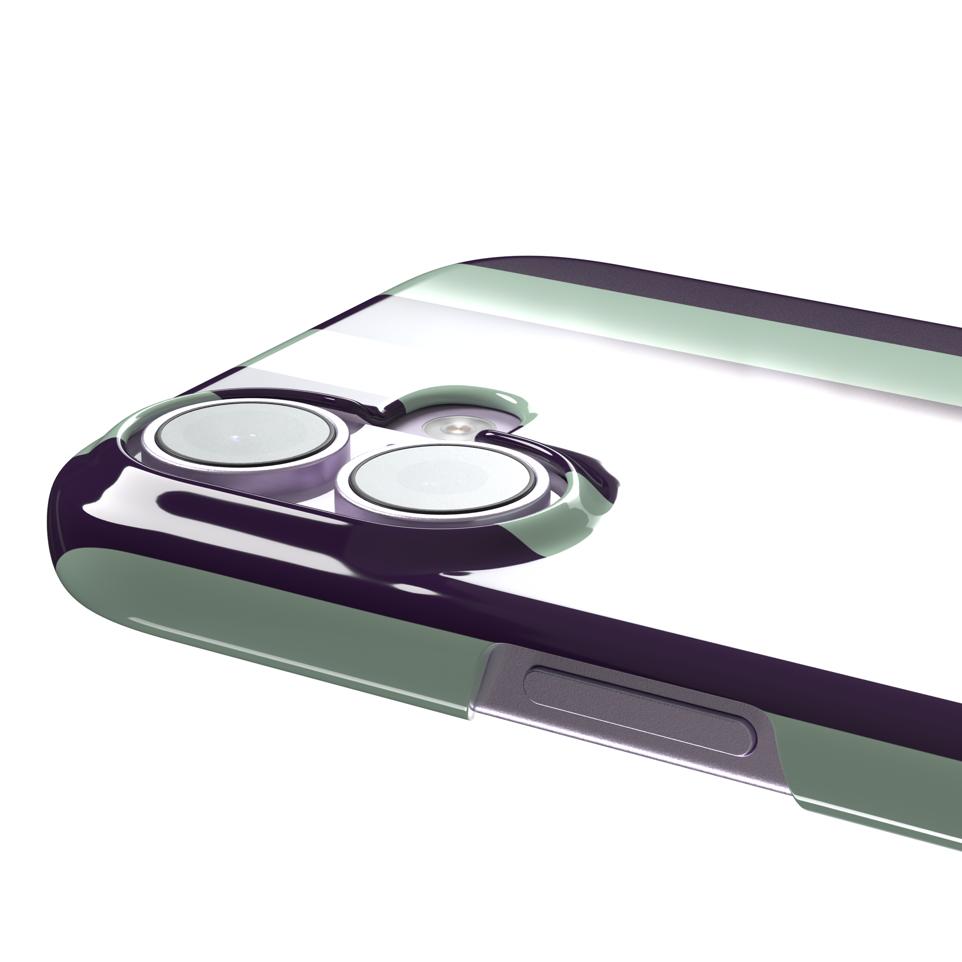 Bold Stripes phone case in deep purple and soft mint vertical stripes, phone case by Caselier — snap case, volume buttons detail