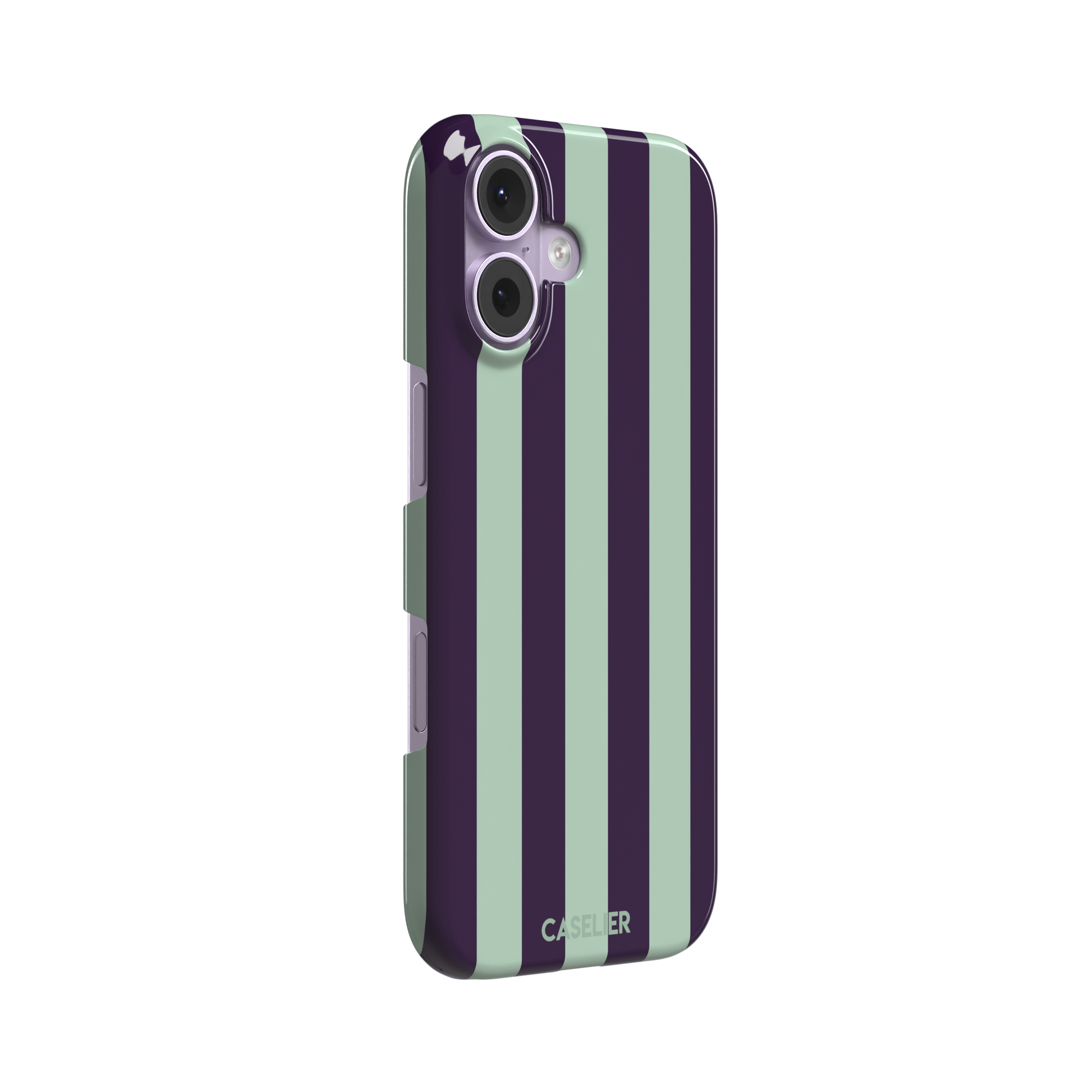Bold Stripes phone case in deep purple and soft mint vertical stripes, phone case by Caselier — snap case, left view
