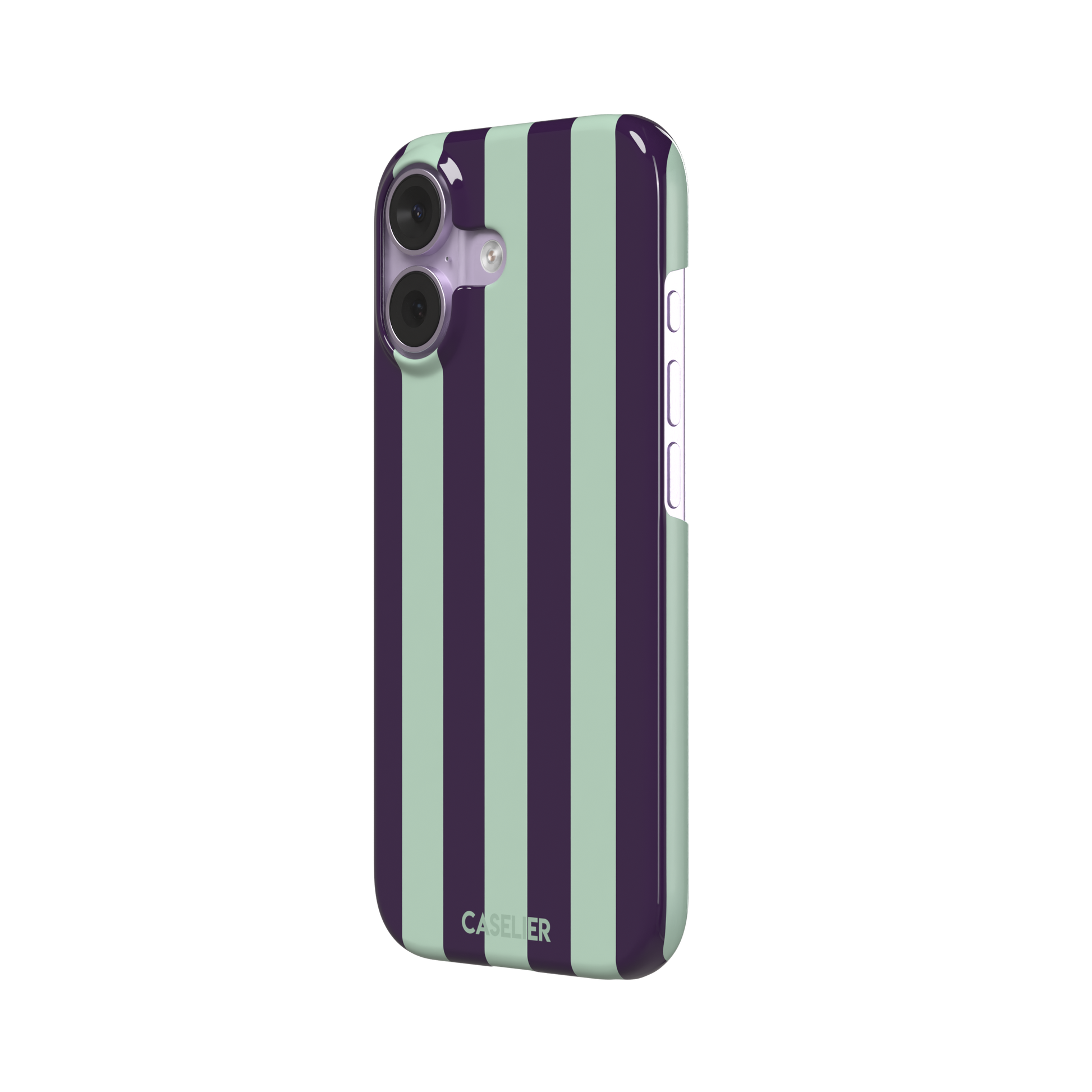 Bold Stripes phone case in deep purple and soft mint vertical stripes, phone case by Caselier — snap case, right view