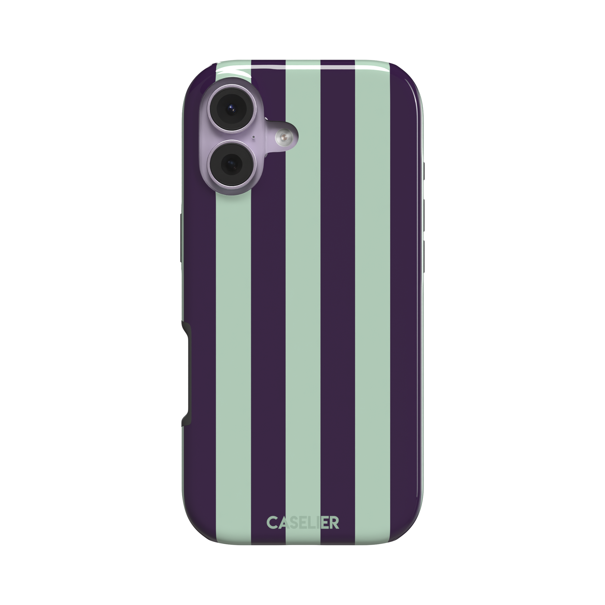 Bold Stripes phone case in deep purple and soft mint vertical stripes, phone case by Caselier — tough case, front view