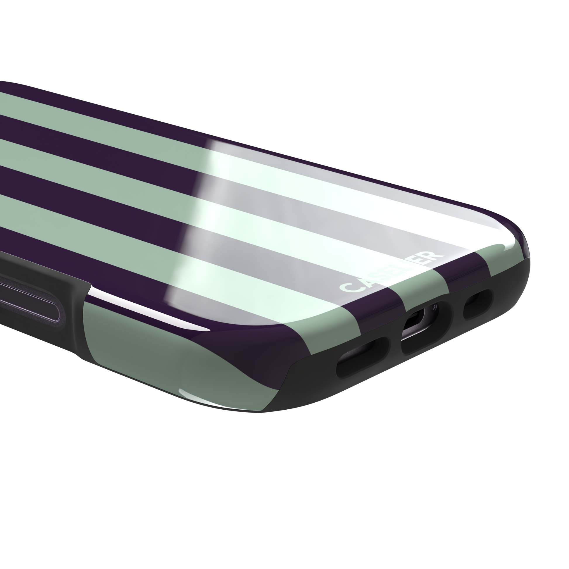Bold Stripes phone case in deep purple and soft mint vertical stripes, phone case by Caselier — tough case, charging port detail