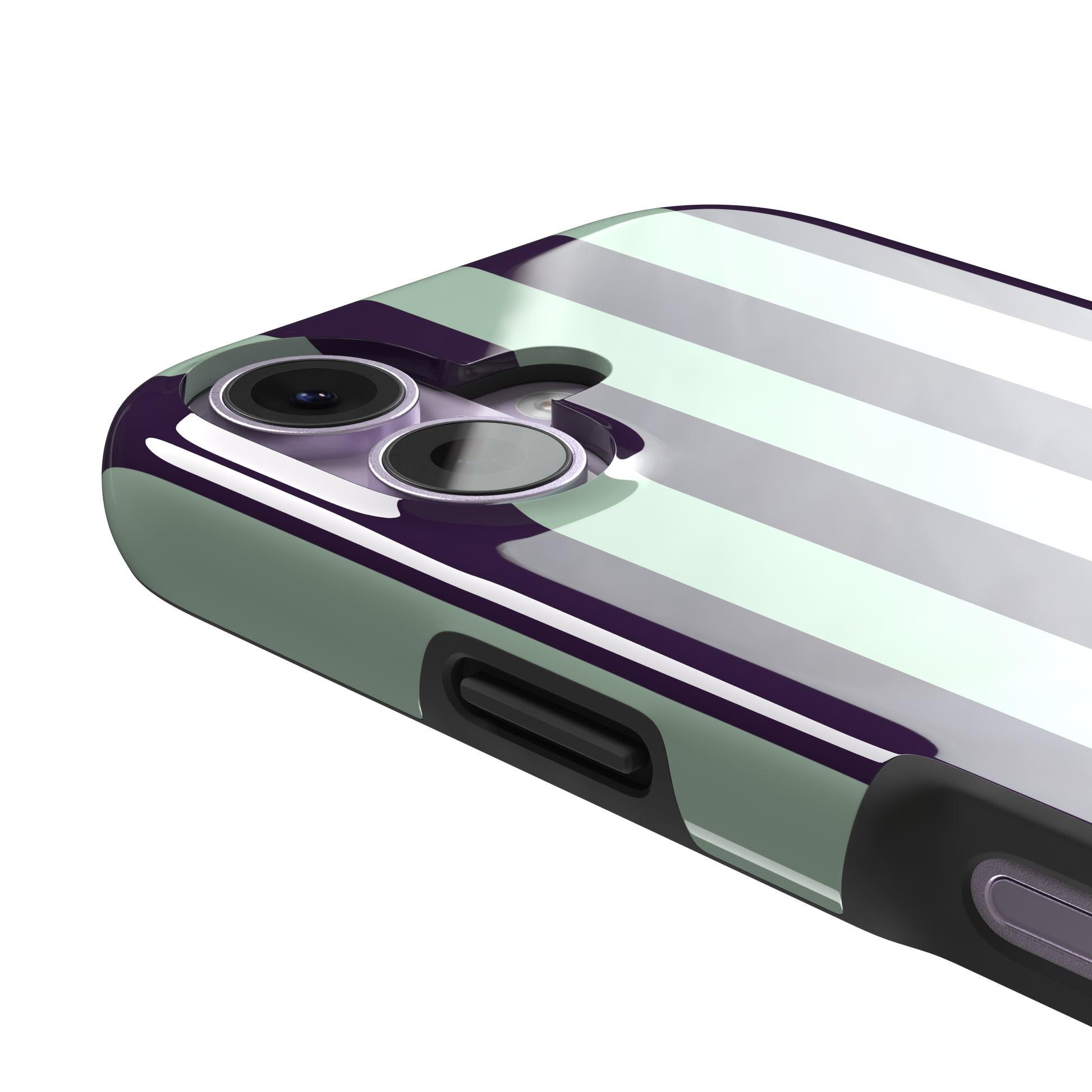 Bold Stripes phone case in deep purple and soft mint vertical stripes, phone case by Caselier — tough case, volume buttons detail