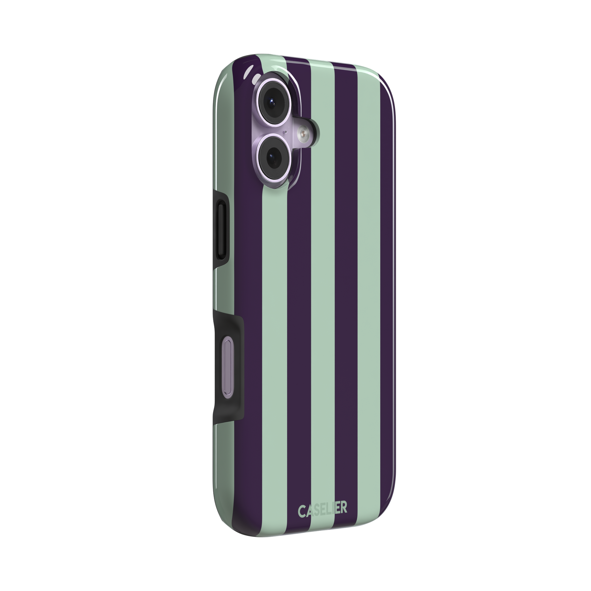 Bold Stripes phone case in deep purple and soft mint vertical stripes, phone case by Caselier — tough case, left view