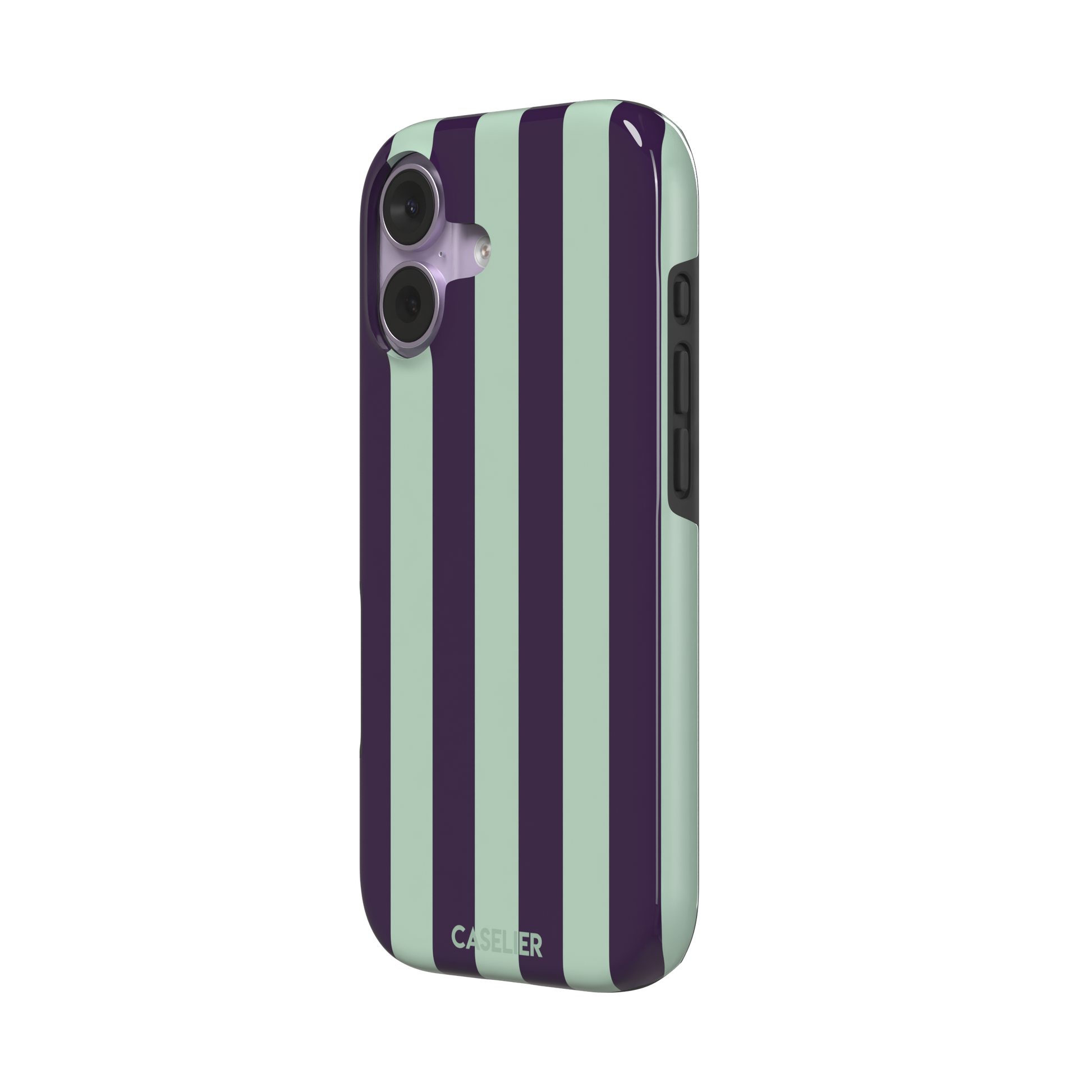 Bold Stripes phone case in deep purple and soft mint vertical stripes, phone case by Caselier — tough case, right view