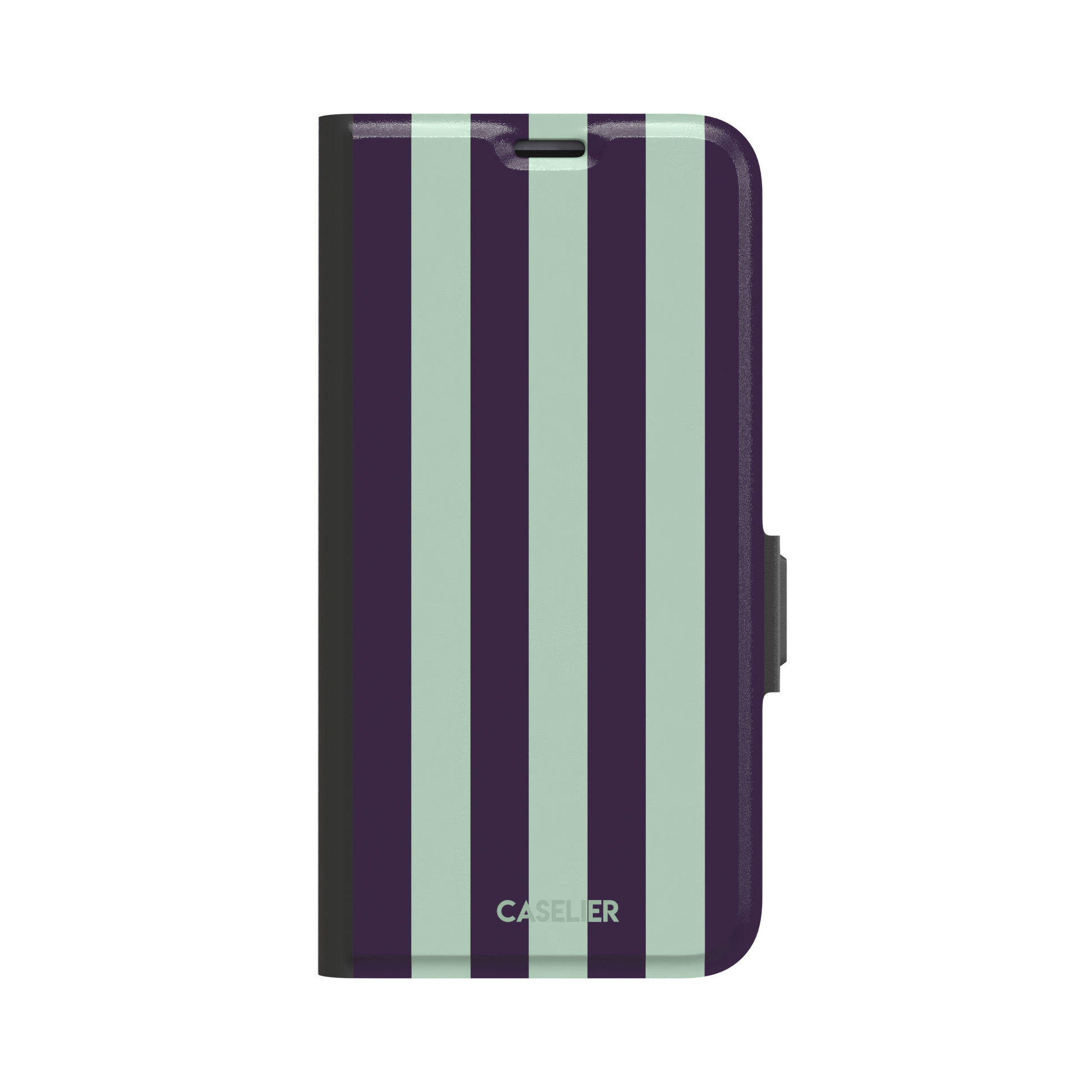 Bold Stripes phone case in deep purple and soft mint vertical stripes, phone case by Caselier — wallet case, front view