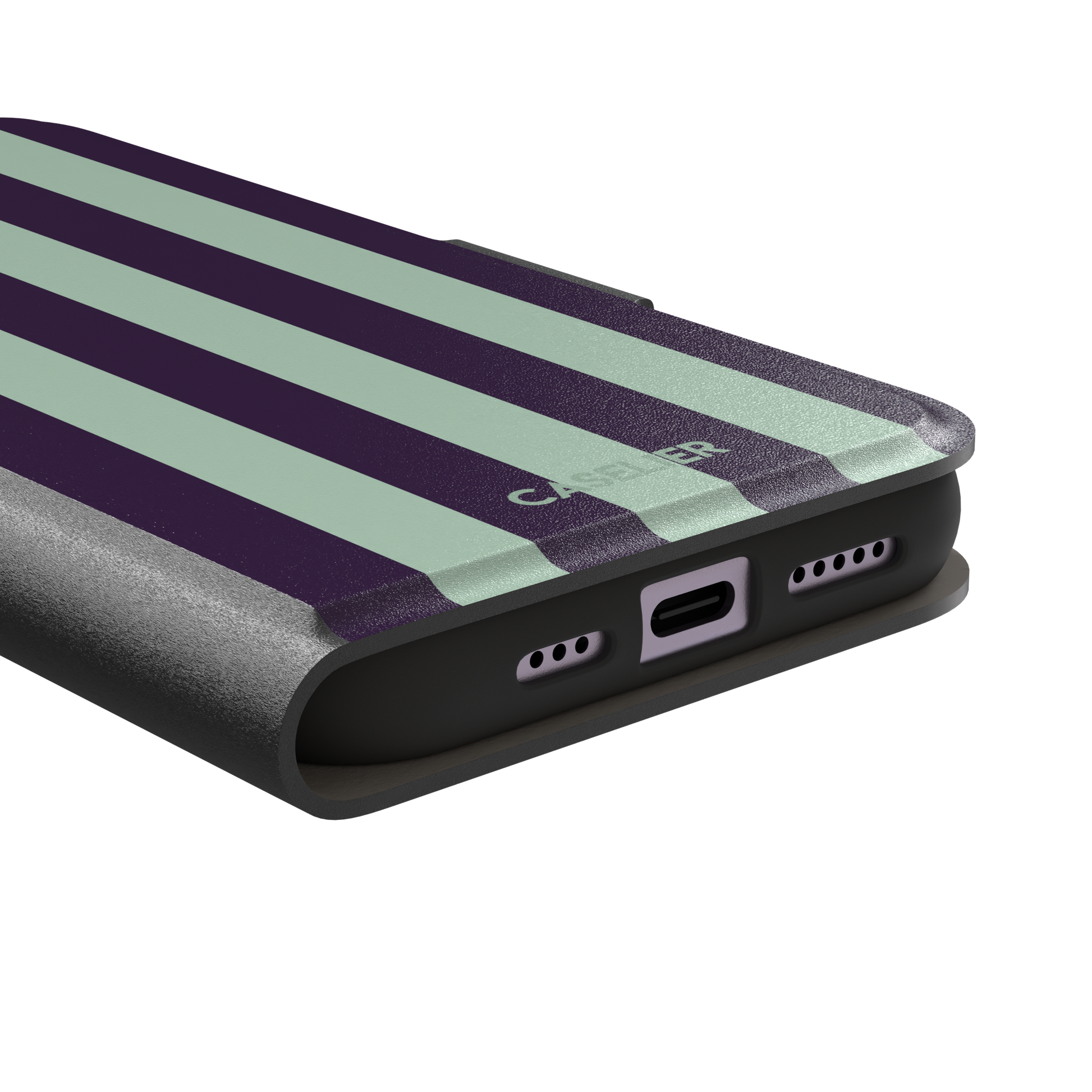 Bold Stripes phone case in deep purple and soft mint vertical stripes, phone case by Caselier — wallet case, charging port detail
