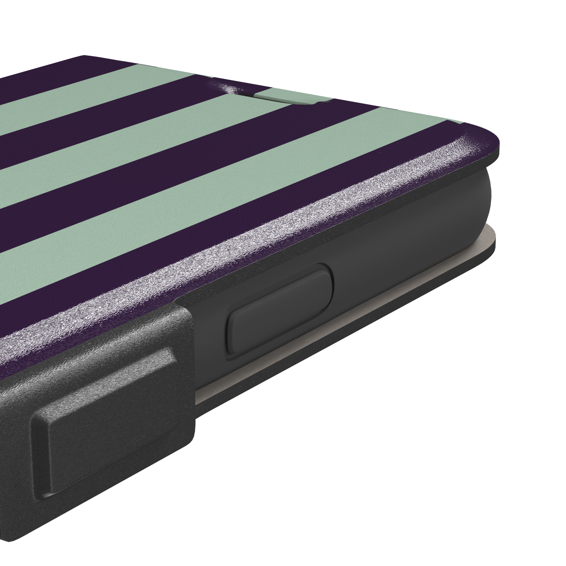Bold Stripes phone case in deep purple and soft mint vertical stripes, phone case by Caselier — wallet case, volume buttons detail