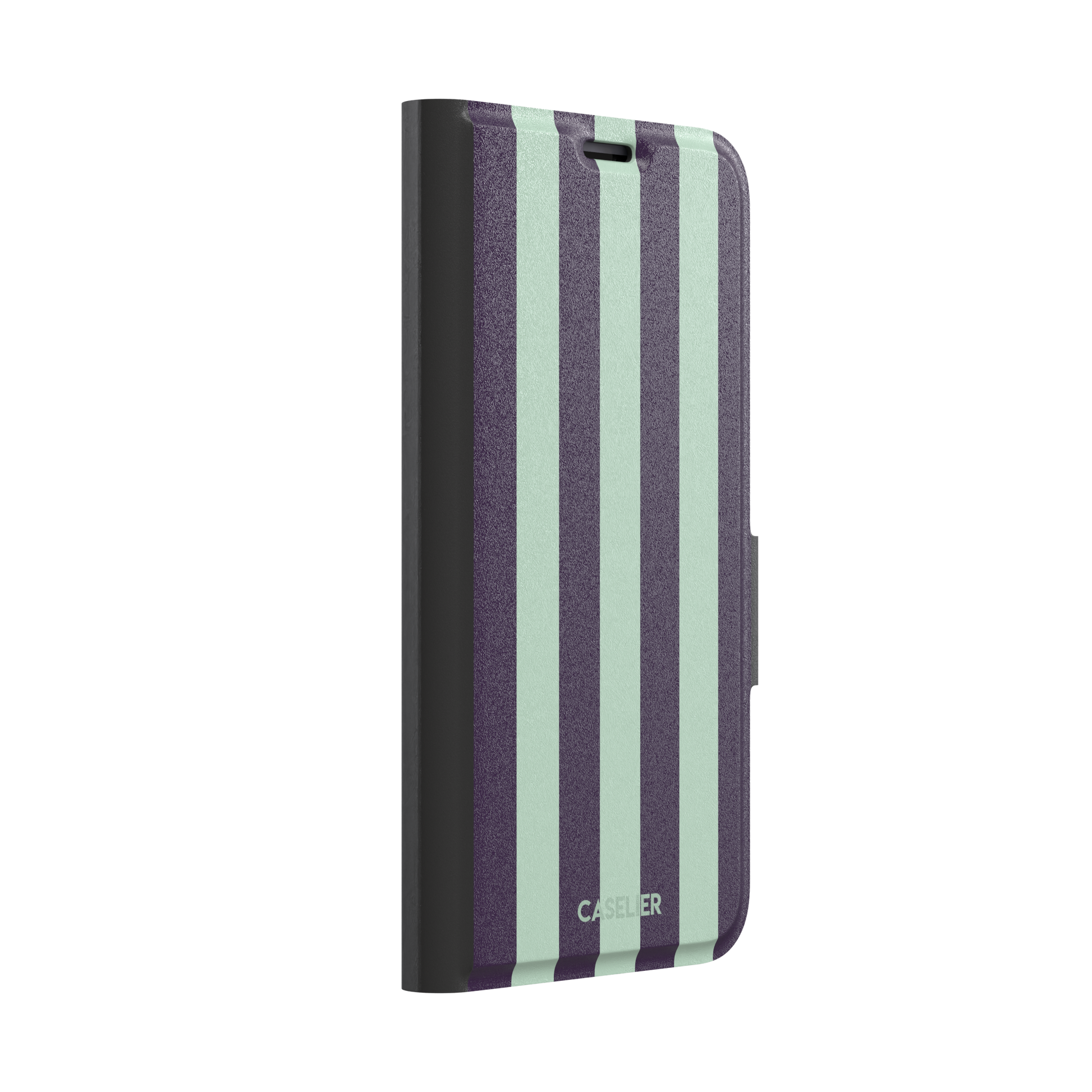 Bold Stripes phone case in deep purple and soft mint vertical stripes, phone case by Caselier — wallet case, left view