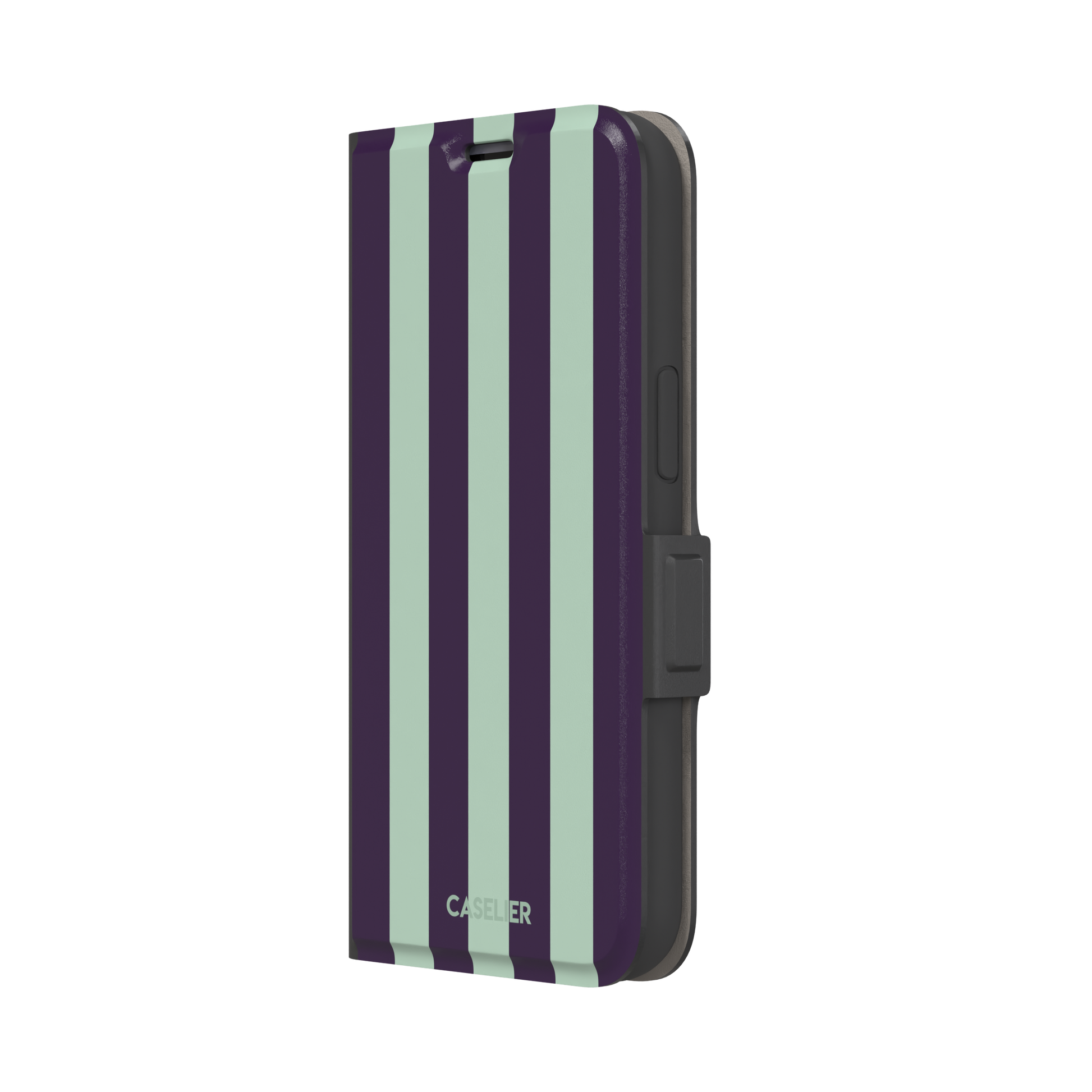 Bold Stripes phone case in deep purple and soft mint vertical stripes, phone case by Caselier — wallet case, right view