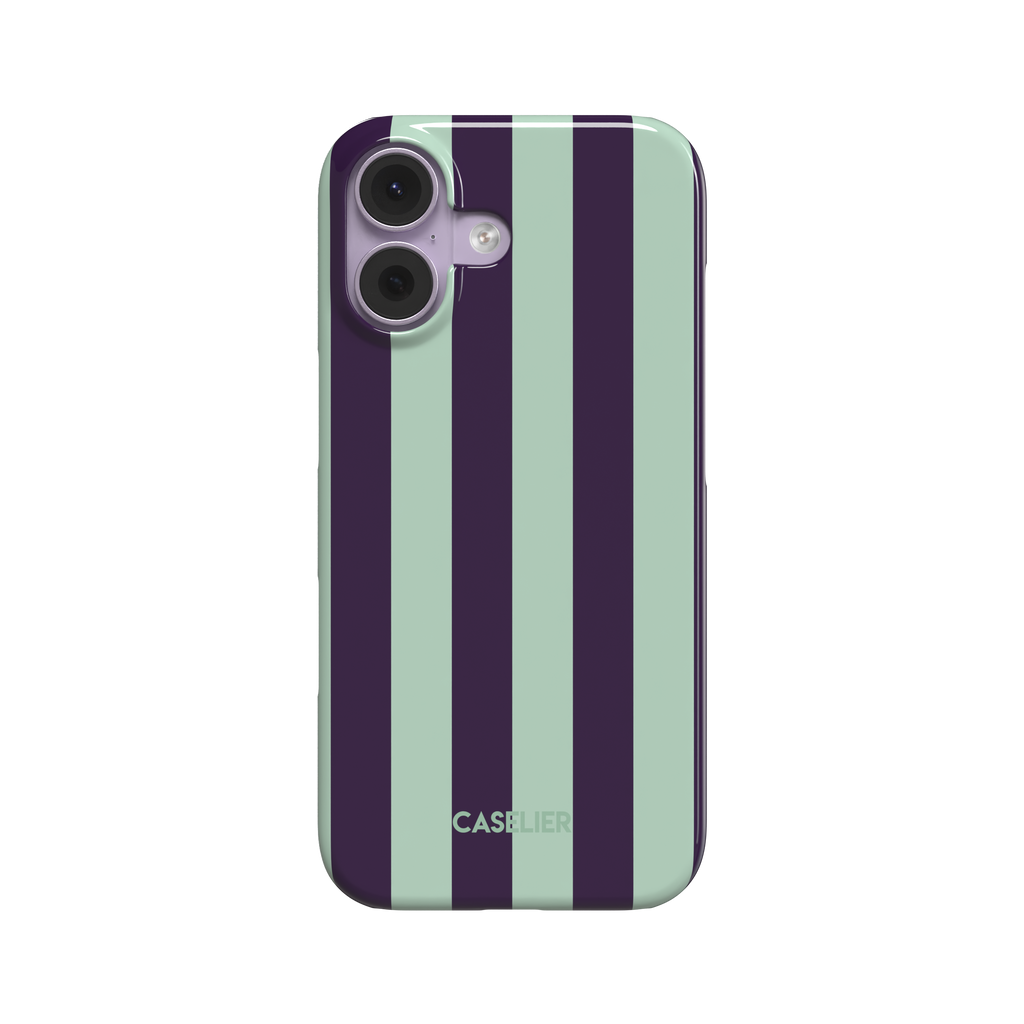 Bold vertical stripes in deep purple and soft mint green on a glossy phone case by Caselier - snap case, front view | Caselier