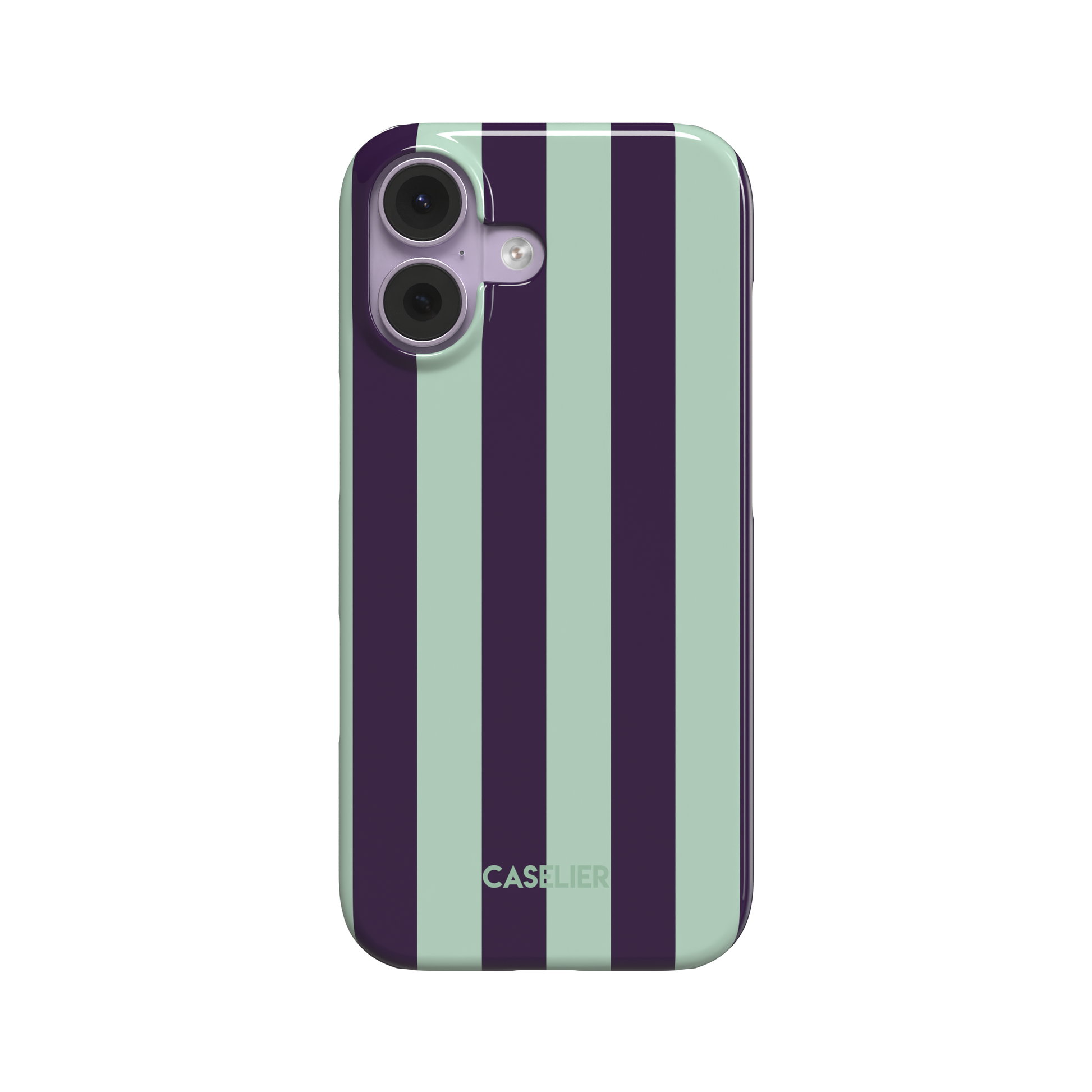 Bold vertical stripes in deep purple and soft mint green on a glossy phone case by Caselier - snap case, front view | Caselier