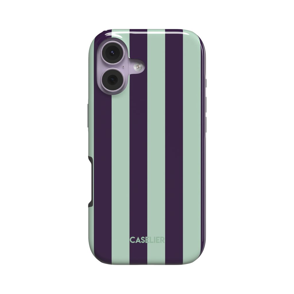 Bold vertical stripes in deep purple and soft mint green on a glossy phone case by Caselier - tough case, front view | Caselier