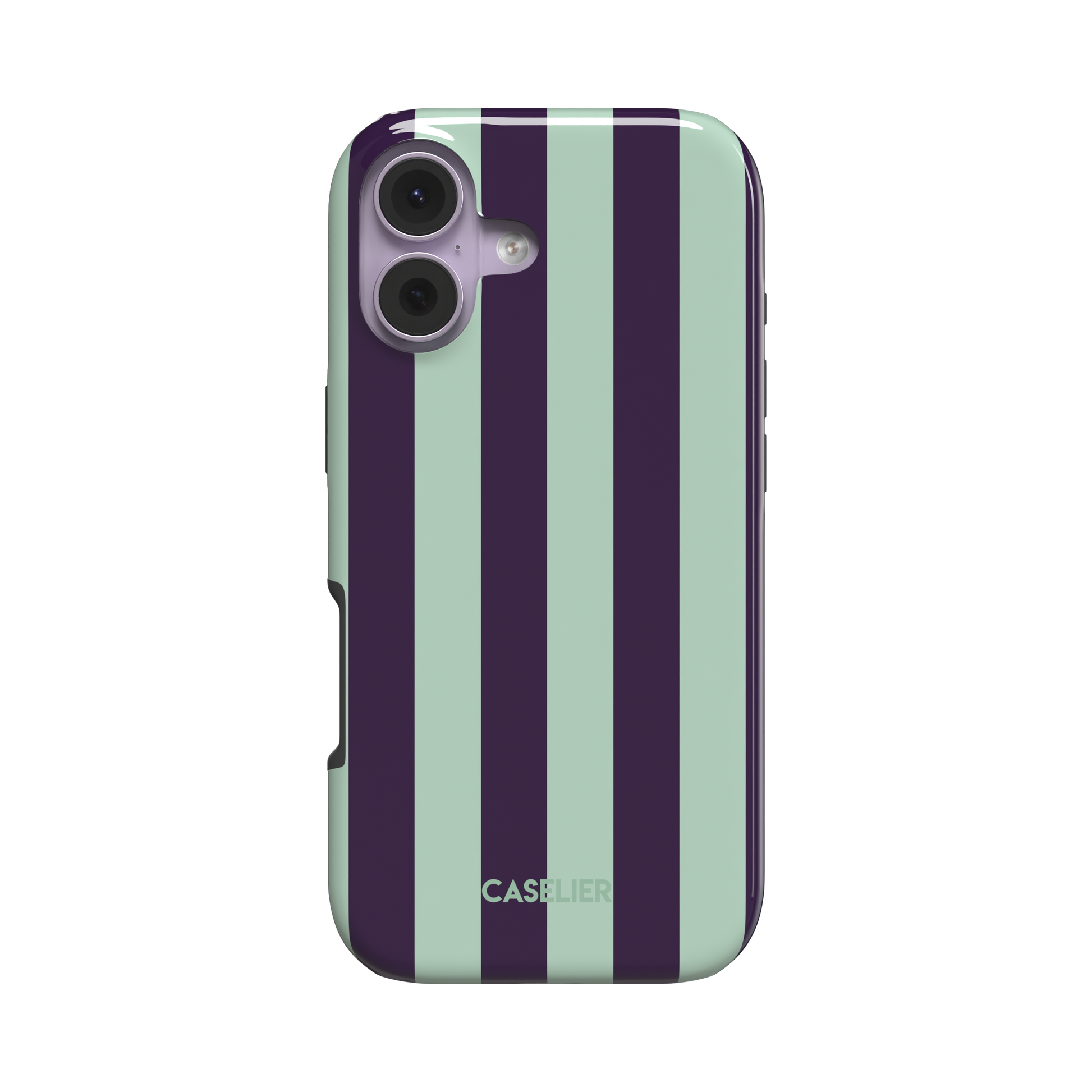 Bold vertical stripes in deep purple and soft mint green on a glossy phone case by Caselier - tough case, front view | Caselier