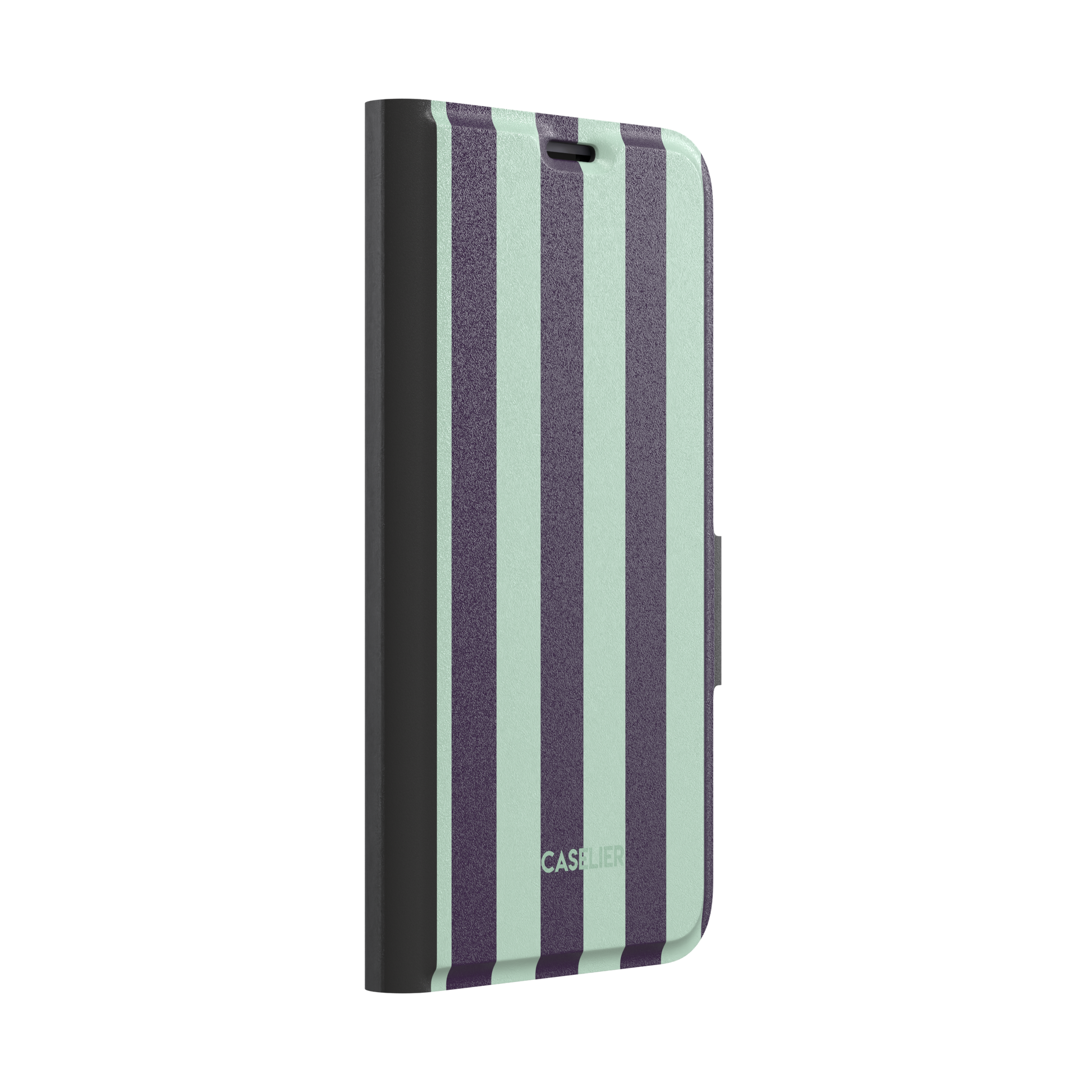 Bold Stripes, bold vertical stripes in deep purple and sage green, wallet case, left view, phone case by Caselier