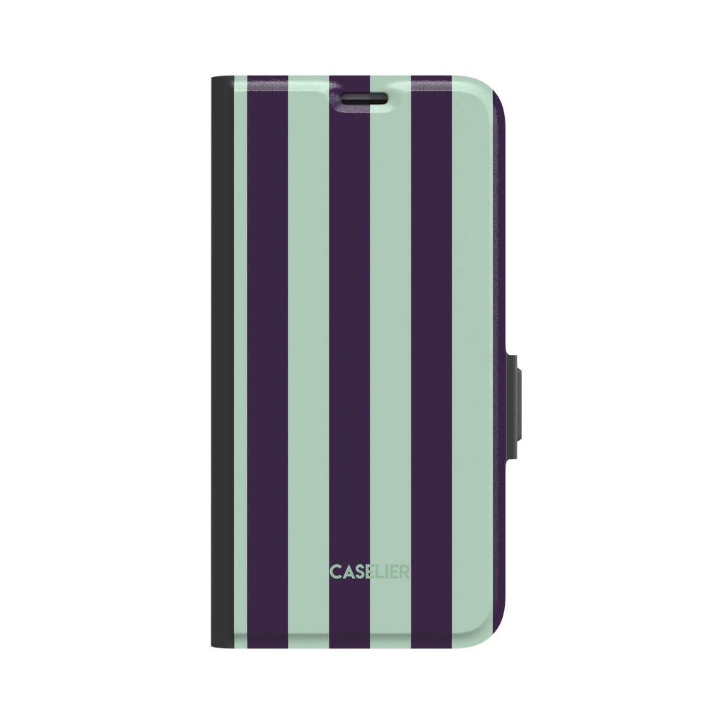Bold vertical stripes in deep purple and soft mint green on a glossy phone case by Caselier - wallet case, front view | Caselier