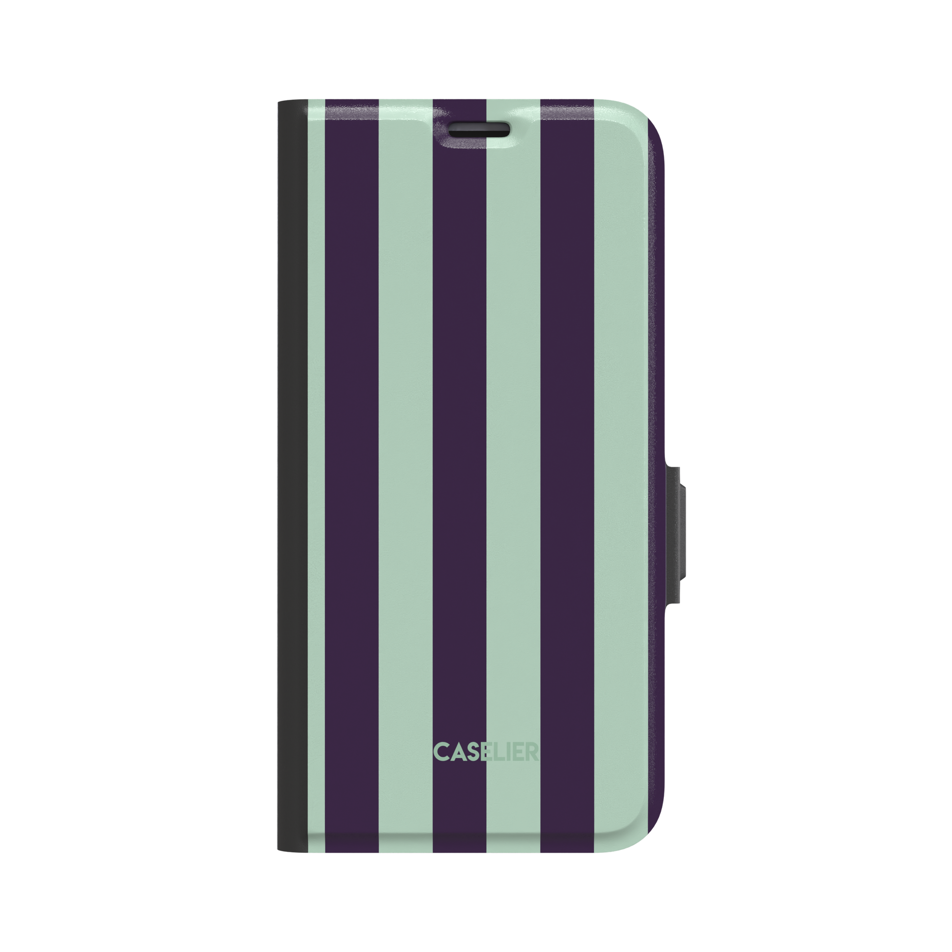 Bold vertical stripes in deep purple and soft mint green on a glossy phone case by Caselier - wallet case, front view | Caselier