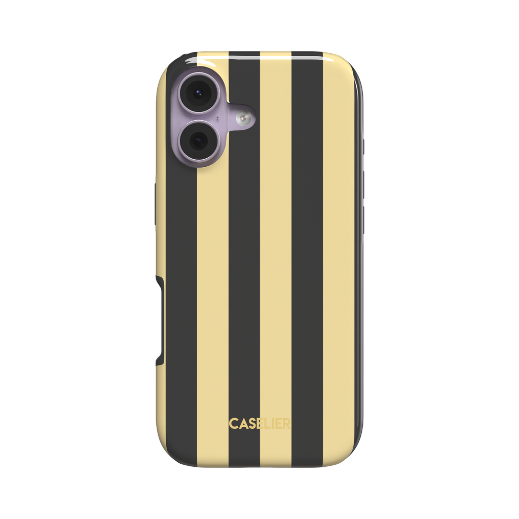 Bold vertical stripes in warm yellow and charcoal gray on a glossy phone case by Caselier - tough case, front view | Caselier