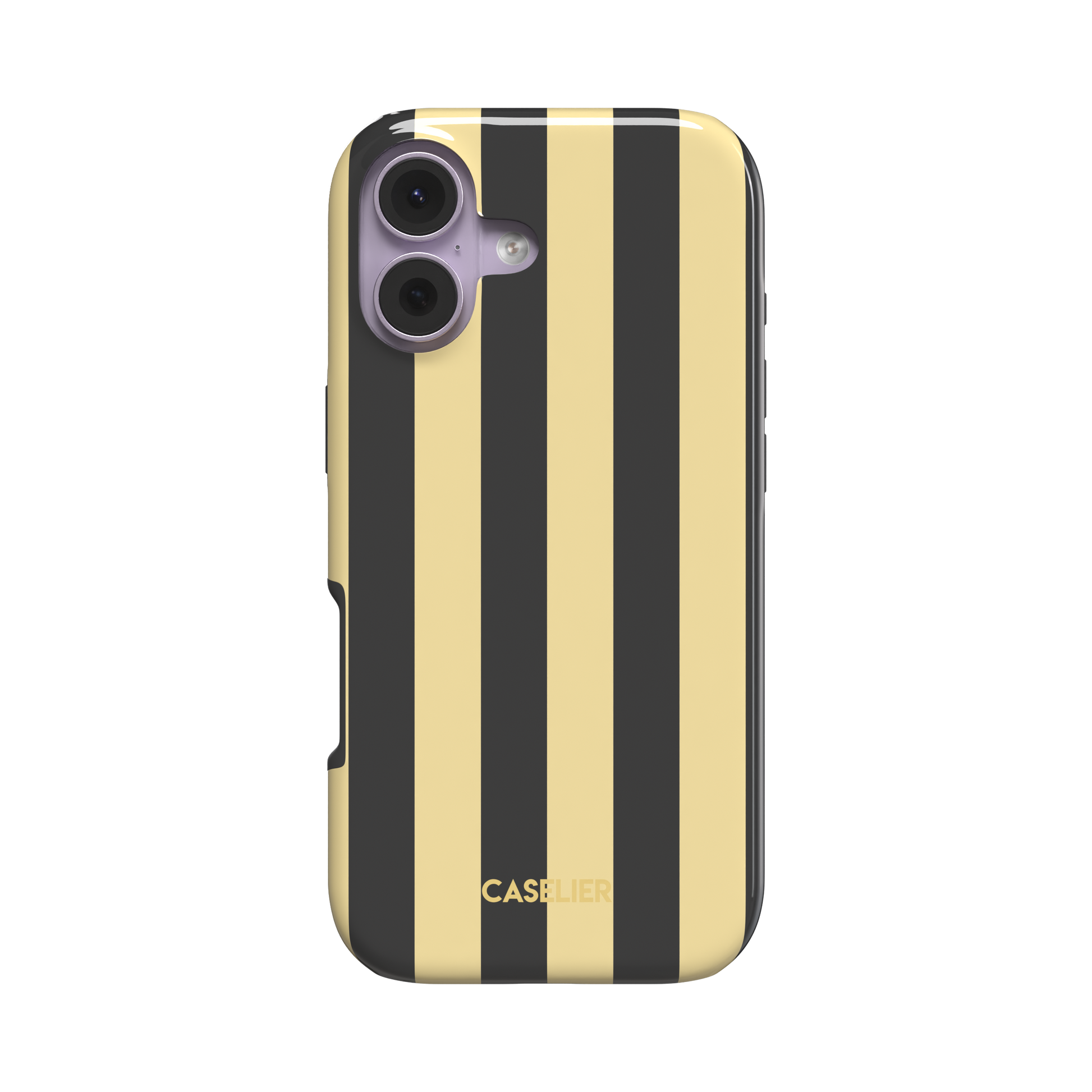 Bold vertical stripes in warm yellow and charcoal gray on a glossy phone case by Caselier - tough case, front view | Caselier