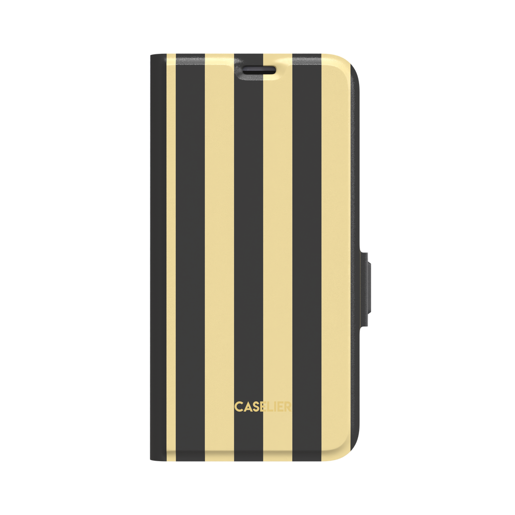 Bold vertical stripes in warm yellow and charcoal gray on a glossy phone case by Caselier - wallet case, front view | Caselier