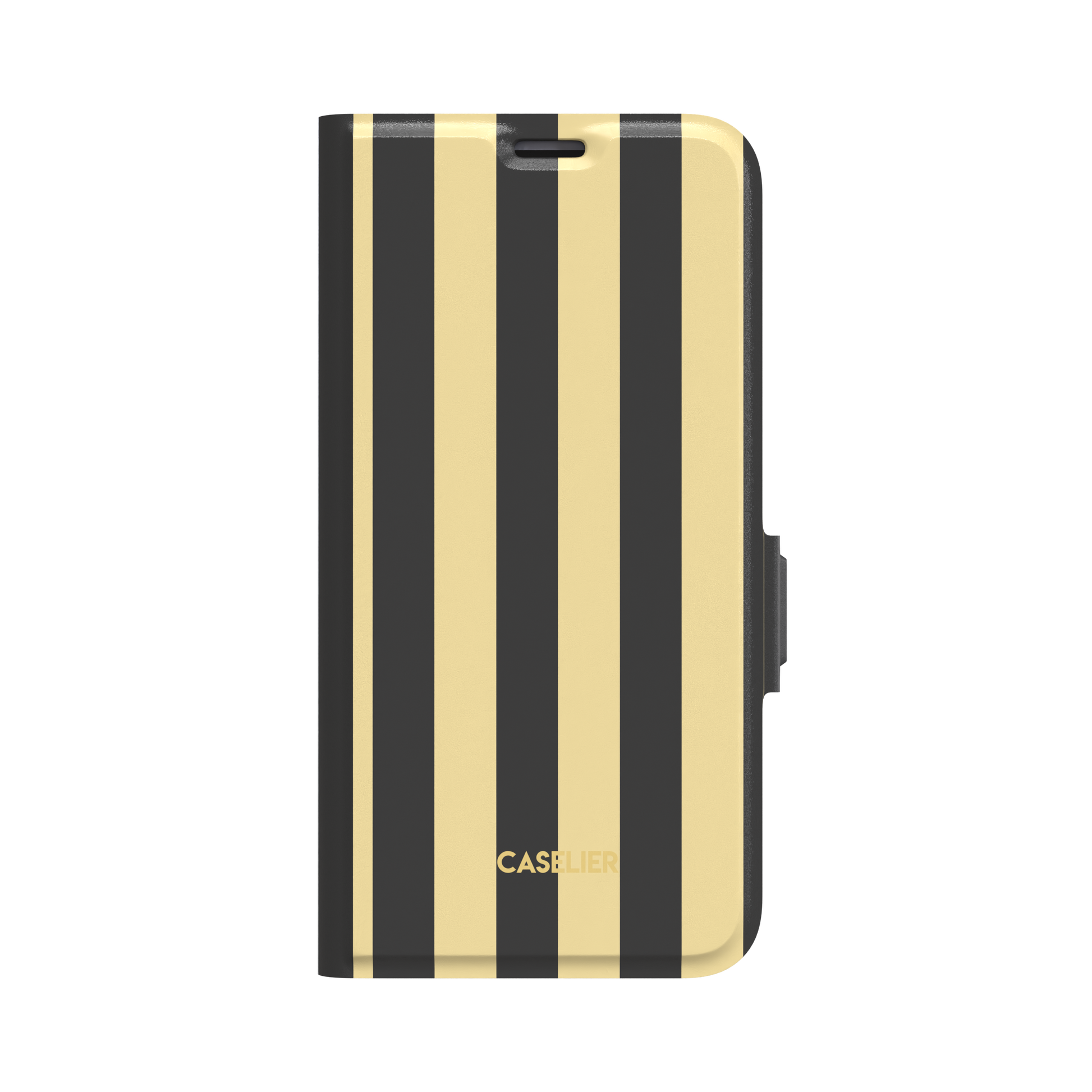 Bold vertical stripes in warm yellow and charcoal gray on a glossy phone case by Caselier - wallet case, front view | Caselier