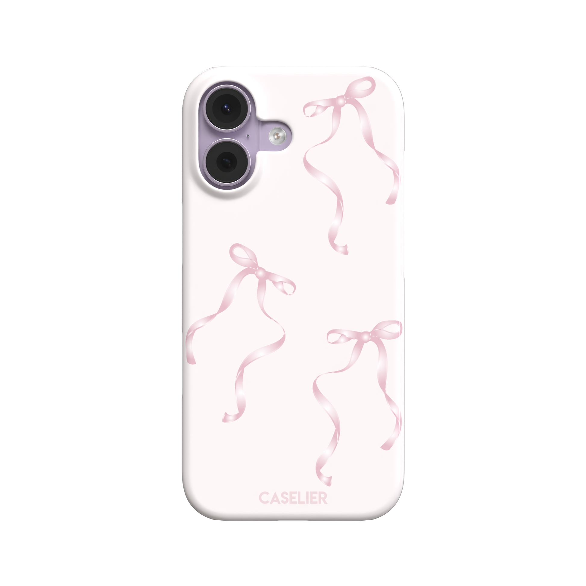 Bows phone case with scattered pink satin ribbon bows on a soft blush background, coquette style, phone case by Caselier — snap case, front view