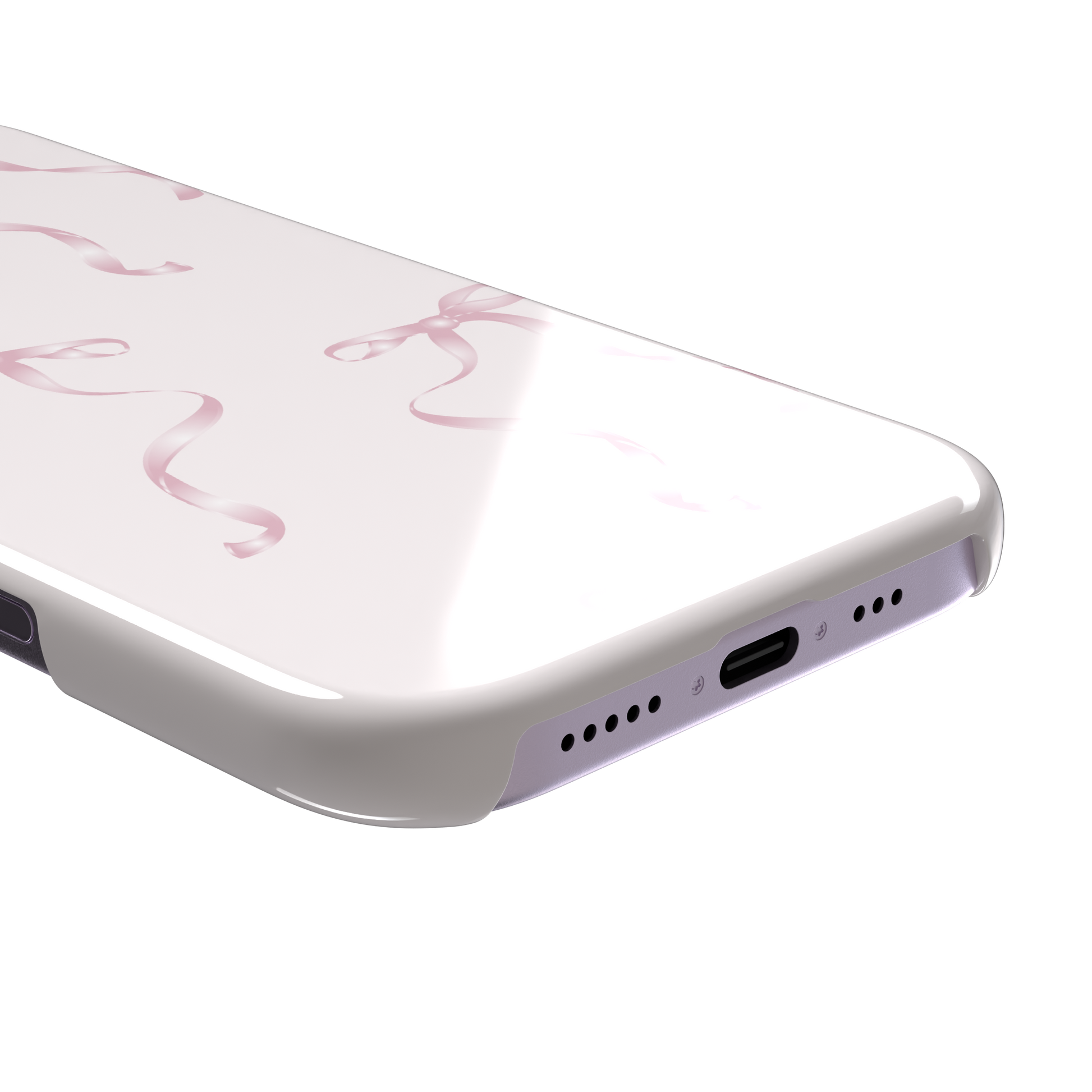 Bows phone case with scattered pink satin ribbon bows on a soft blush background, coquette style, phone case by Caselier — snap case, charging port detail